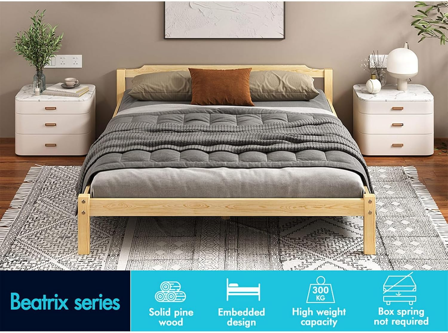 ALFORDSON King Bed Frame Wooden Bed Base with Solid Wood Pine Timber Slats, Oak Bed Foundation Mattress Base Platform with Storage Space, Beatrix Series Bedroom Furniture