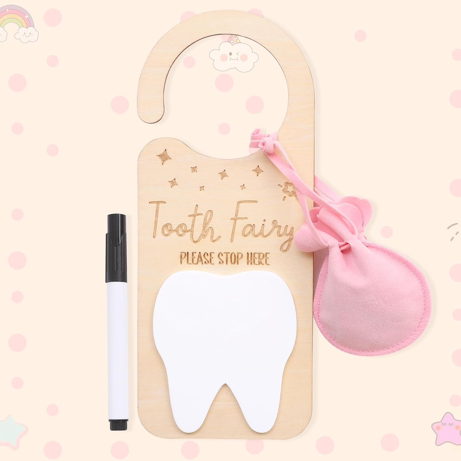 Tooth Fairy Door Hanger - Door Wooden Hanger Decoration , Tooth Fairy Money Holder , Personalized Tooth Holder Bag , with Money Holder Tooth Fairy Pick up Box (Door Hanger Pink) image number 5