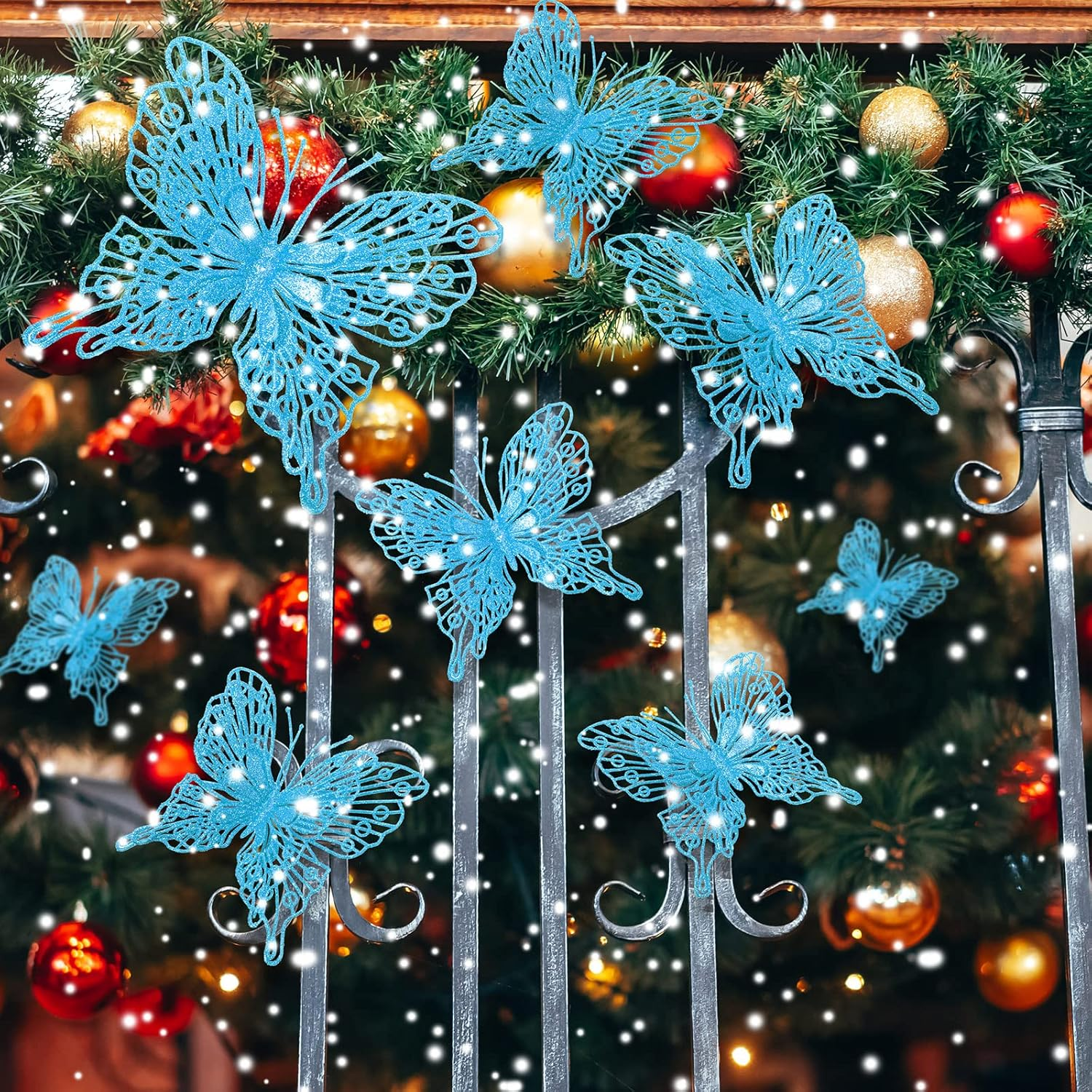 Charniol 36 Pcs 3 Size Christmas Tree Butterfly Decorations Glitter Hollow Butterfly Ornaments Hanging Decorations with Clips for Holiday Crafts Christmas Tree (Blue) image number 4