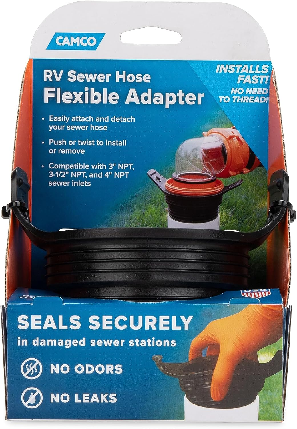 Camco Flexible 3-In-1 Sewer Adapter Hose Seal -Flexible Fitting That Makes Connection to a Sewer Inlet Simple and Less Hands On! (39318), Black image number 5