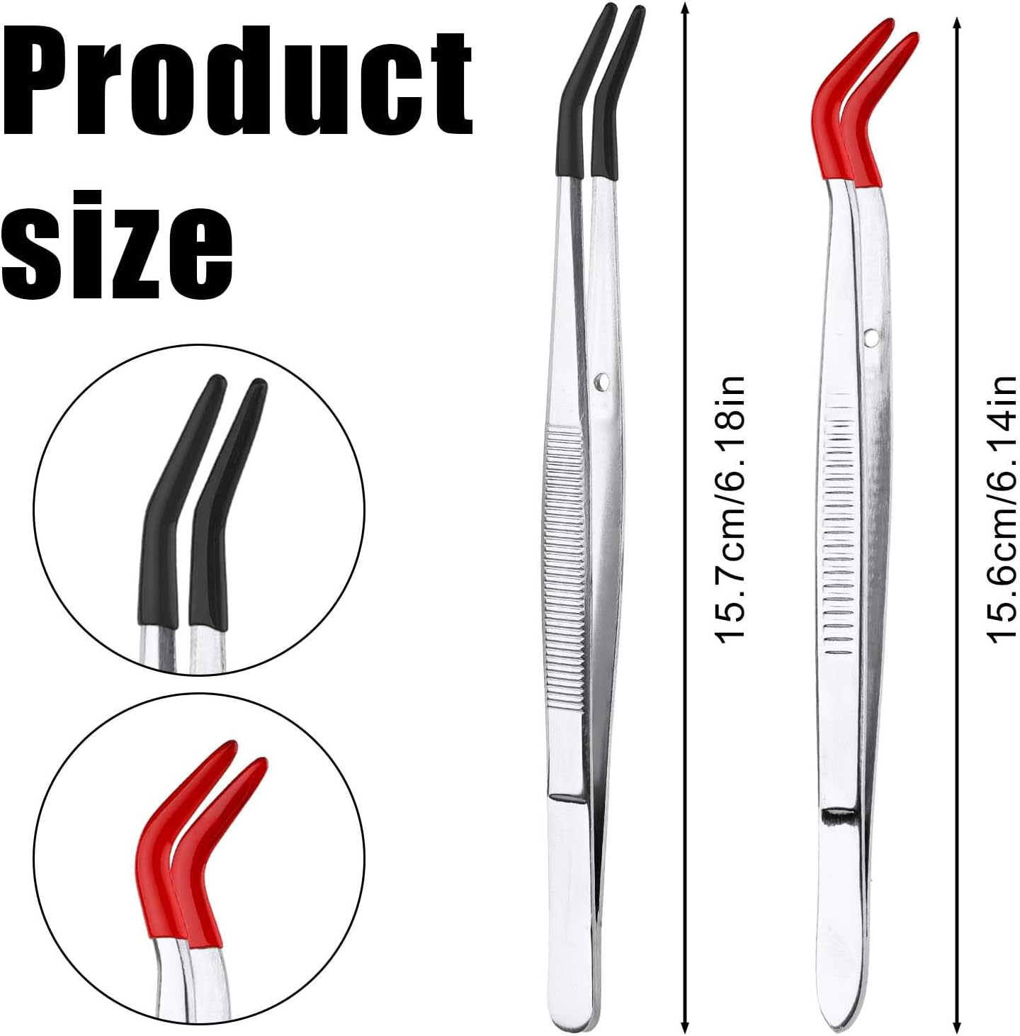 XIHIRCD 2Pcs Bent Tweezers with Rubber Tips, Curved Tip Tweezers, Stainless Steel, Compact, Red, Black image number 3