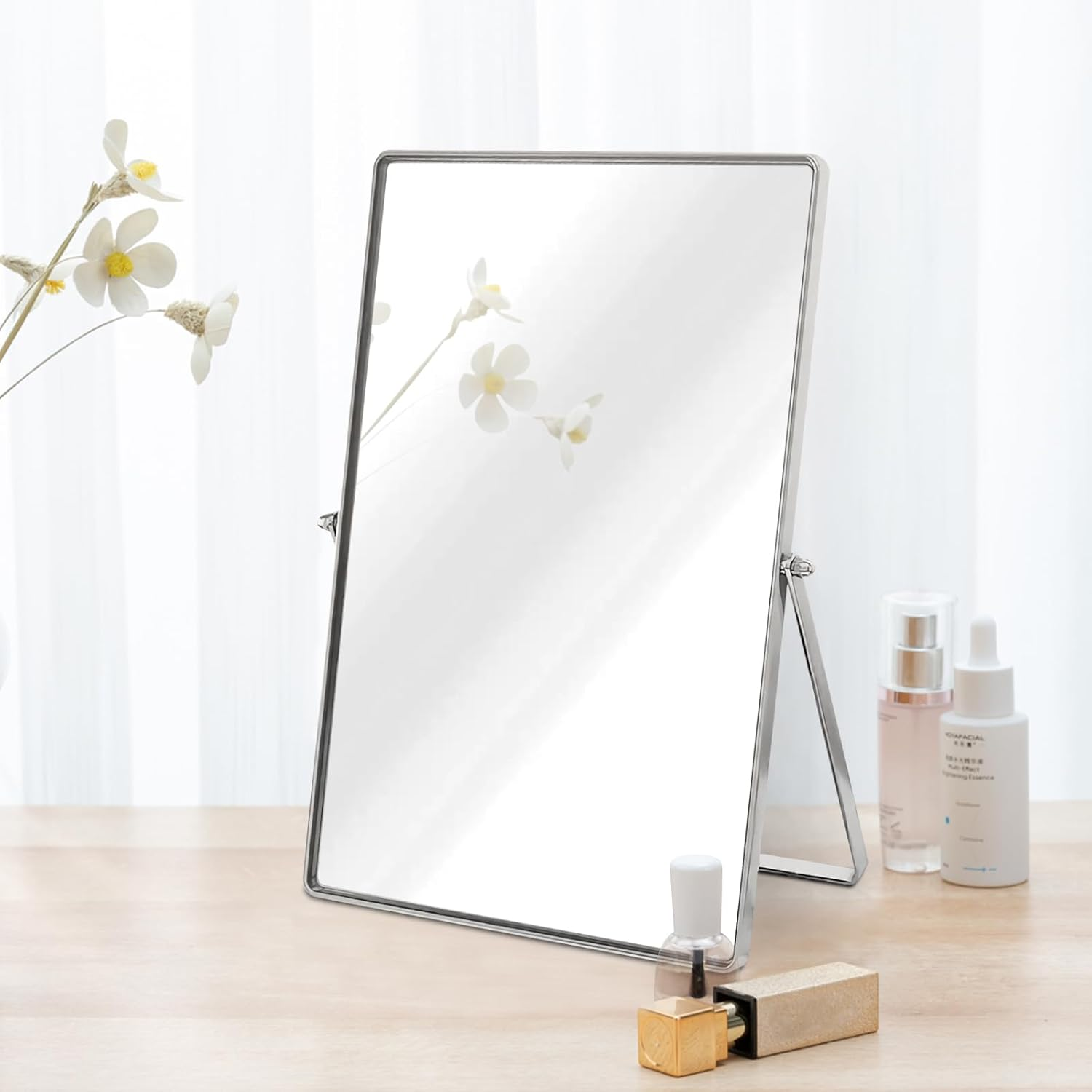 Makeup Vanity Mirror Portable Desktop Mirror with Metal Stand Adjustable 90&deg; Rotation Desk Mirrors for Dressing Room,Bedroom, Bathroom,Tabletop,Square Silver image number 1