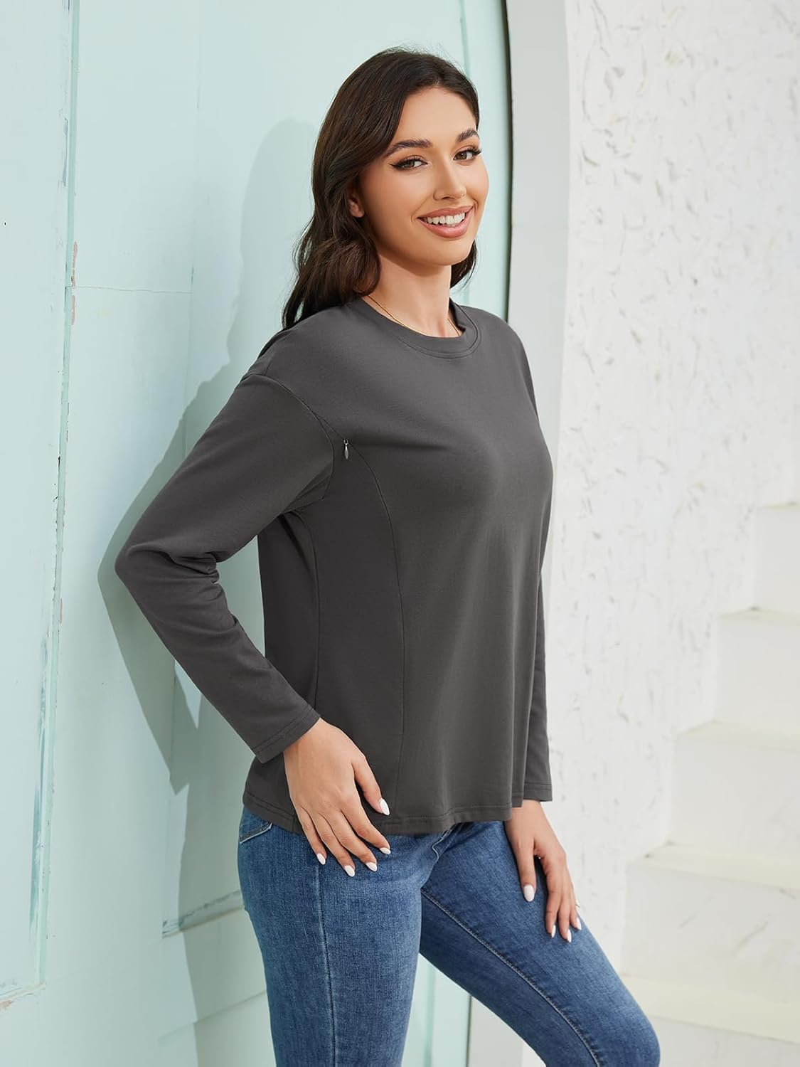 Ecavus Women&rsquo;S Zip Maternity Nursing Tops for Breastfeeding Long Sleeves Casual Nursing Shirts Pregnancy Mama Clothes image number 3