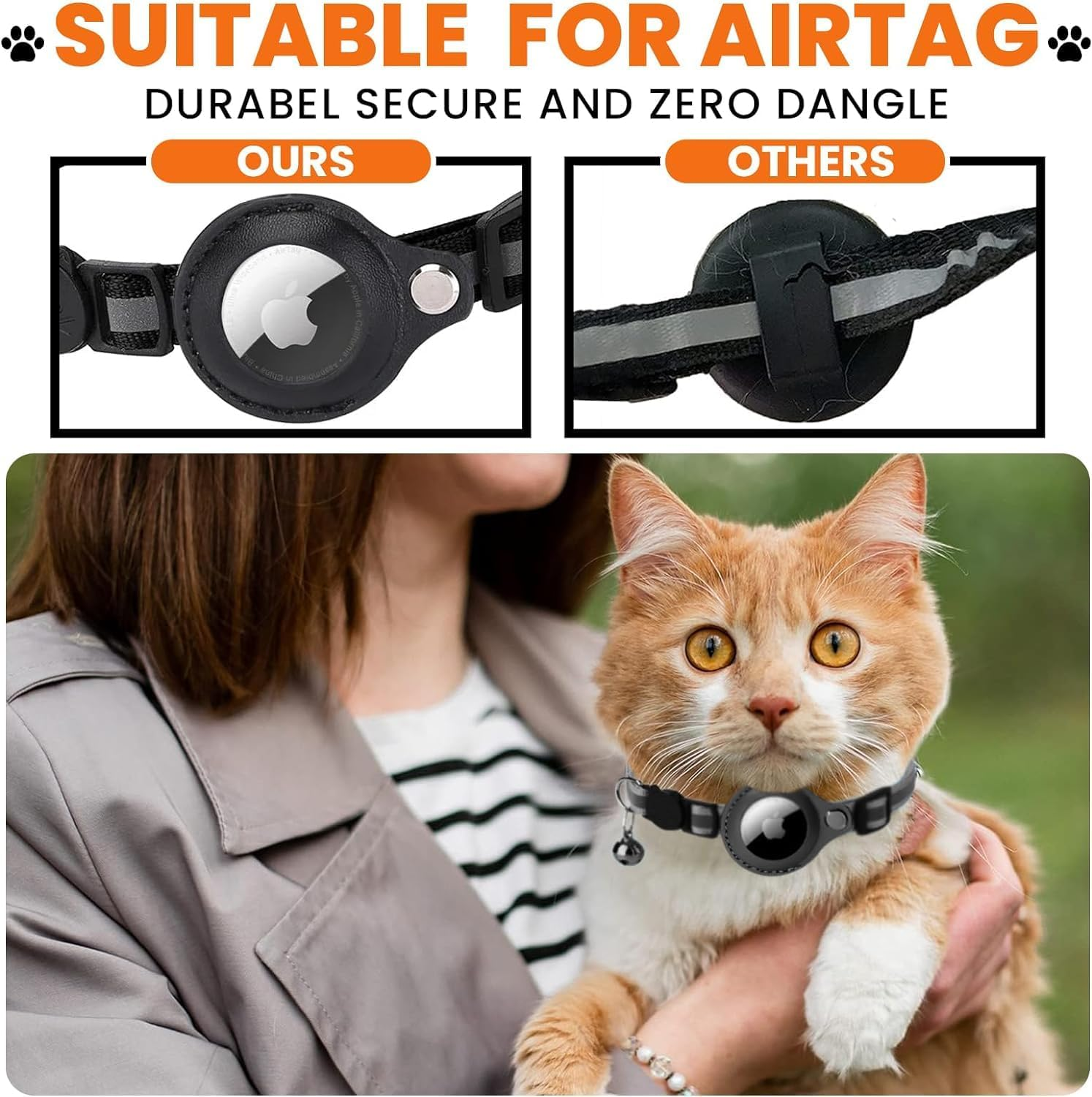 Cat Airtag Collar Breakaway Reflective Kitten Collar with Air Tag Holder and Bell Breakaway Buckle Lightweight for Pets Kitten Adjustable Cat Collar with Safety Buckle and Bell (Black) image number 2