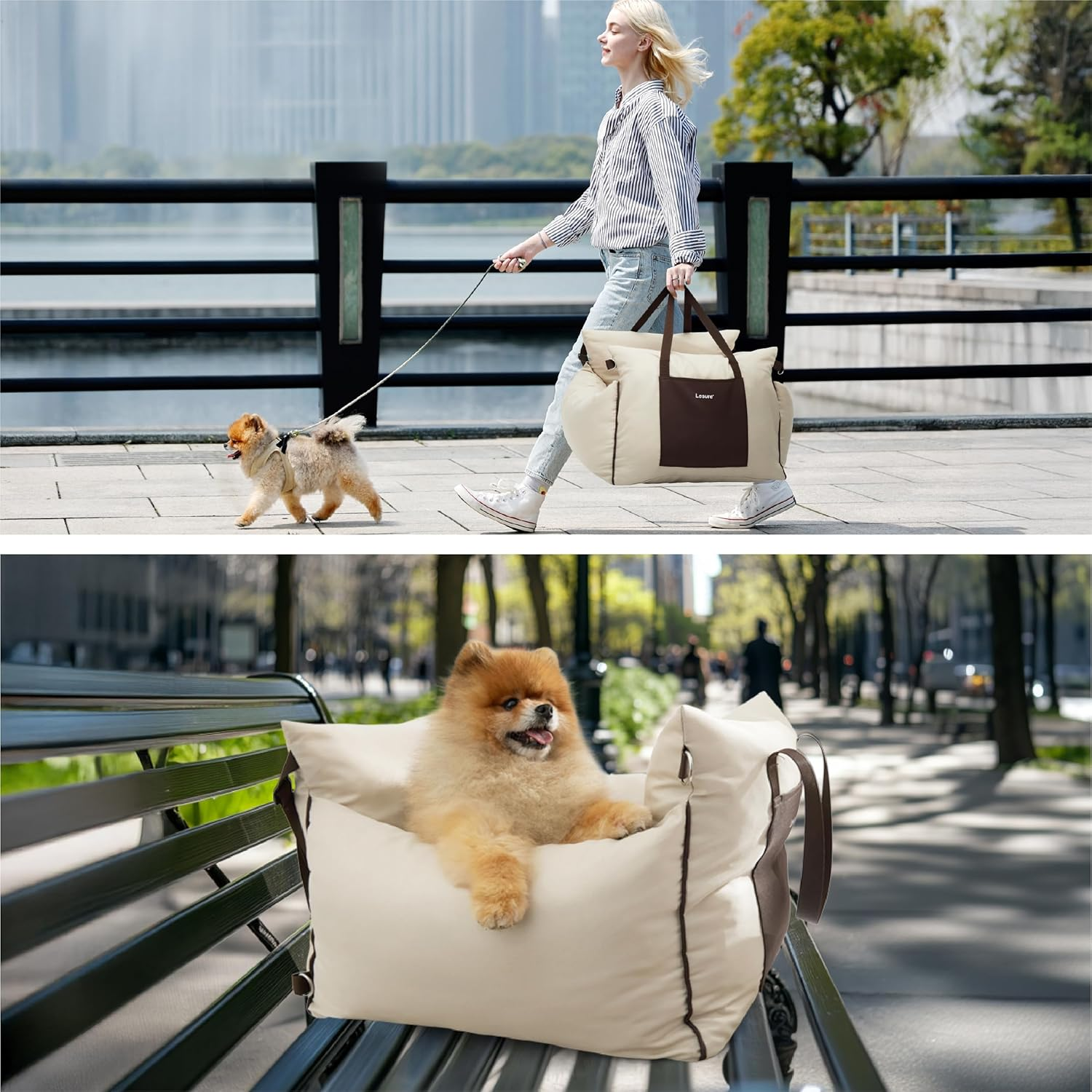 Lesure Dog Car Seat for Medium Dog - Waterproof Dog Booster Seat for Car with Storage Pockets, Clip-On Safety Leash and Memory Foam Filling, Small Pets Travel Carrier Bed, 58X56X33Cm, Beige