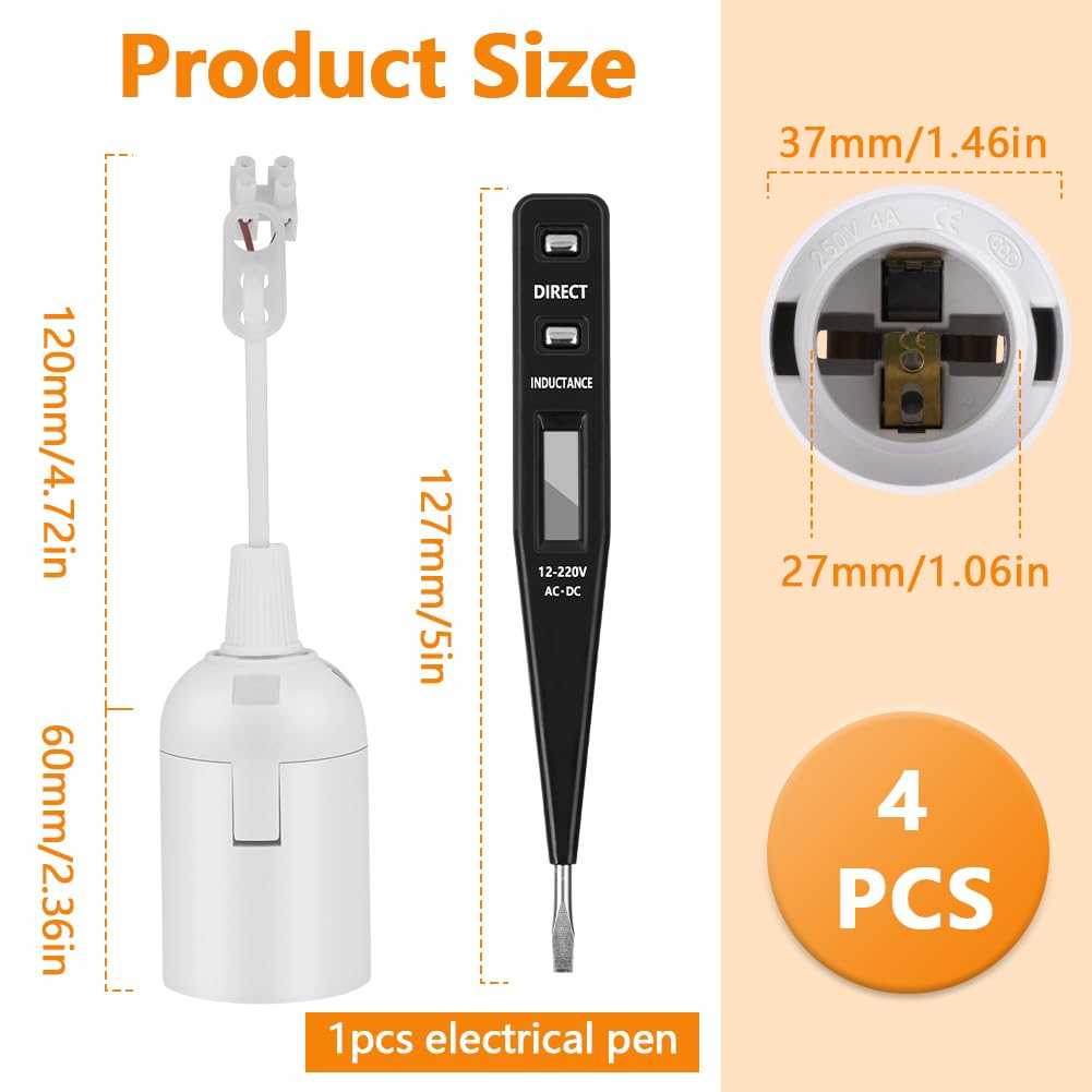 AUAUY Pack of 4 E27 Lamp Holder with Cable Construction Socket, E27 Renovation Socket, Construction Site Socket E27 + VDE Voltage Tester, E27 Lamp Holder with Plug-In Terminal, E27 Replacement image number 1