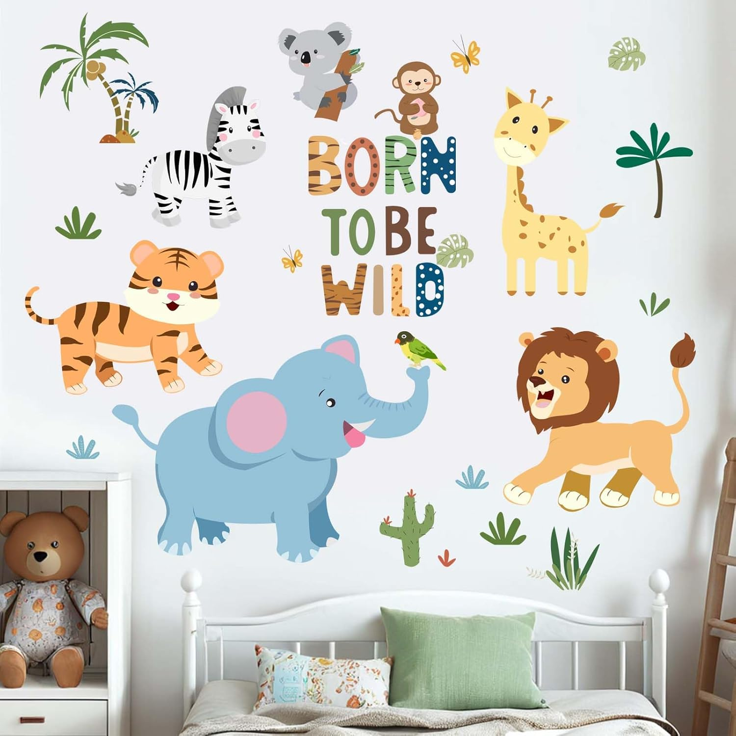 Baby Animals Wall Stickers for Nursery: Kids Boys Girls Bedroom Wall Decals - Jungle Safari Elephant Giraffe Monkey Lion Tiger image number 1