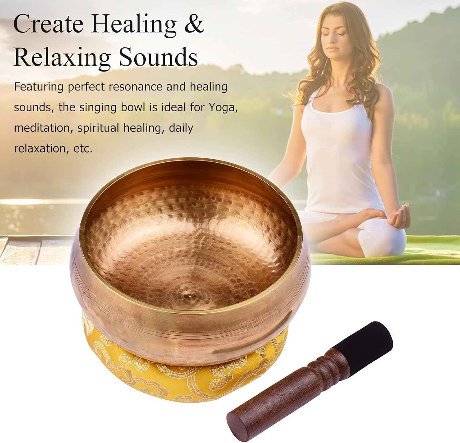 Singing Bowl, Tibetan Singing Bowl Set with 20.5Cm/ 8Inch Large Handmade Metal Sound Bowl&Soft Cushion(Random Color Delivery)&Wooden Striker for Sound Yoga Relaxation