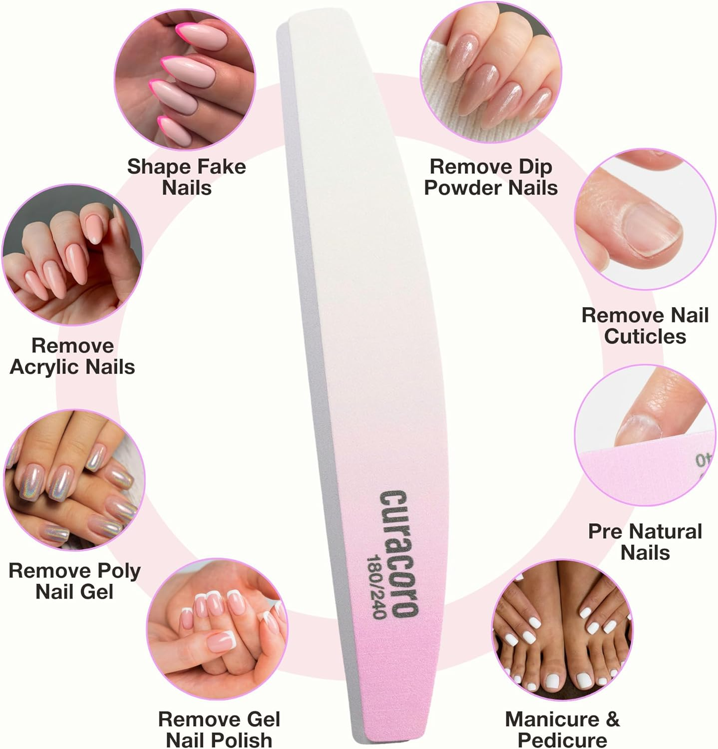 Curacoro 10 PCS Nail File - Professional Half-Moon Nail Files Double Sided Emery Board (180/240 Grit), Washable Nail Files and Buffers, Smooths & Shapes Nails, Manicure & Pedicure Buffing Tools image number 2