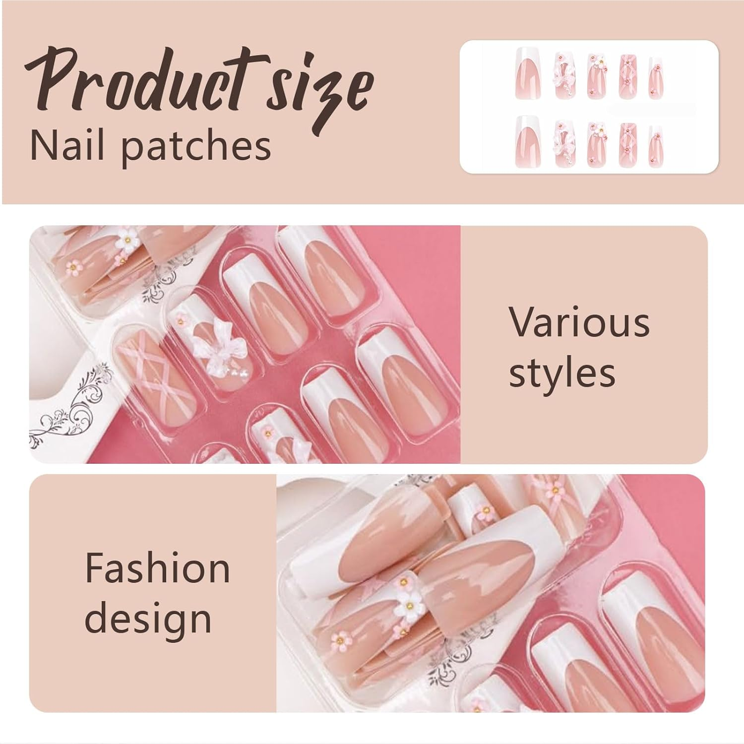 Goiern 24 Pieces Press on Nails Medium Length Rhinestone Pink False Nails Square Glitter Shiny 3D Flower False Nail Tips - Pink image number 5