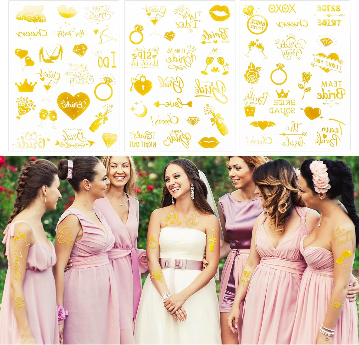 JGA Tattoo Women Gold, 6 Sheets Stag Night Tattoos Team Bride Wedding Temporary Tattoos Hen Party Accessories for Stag Night Wedding Hen Party Accessories image number 3