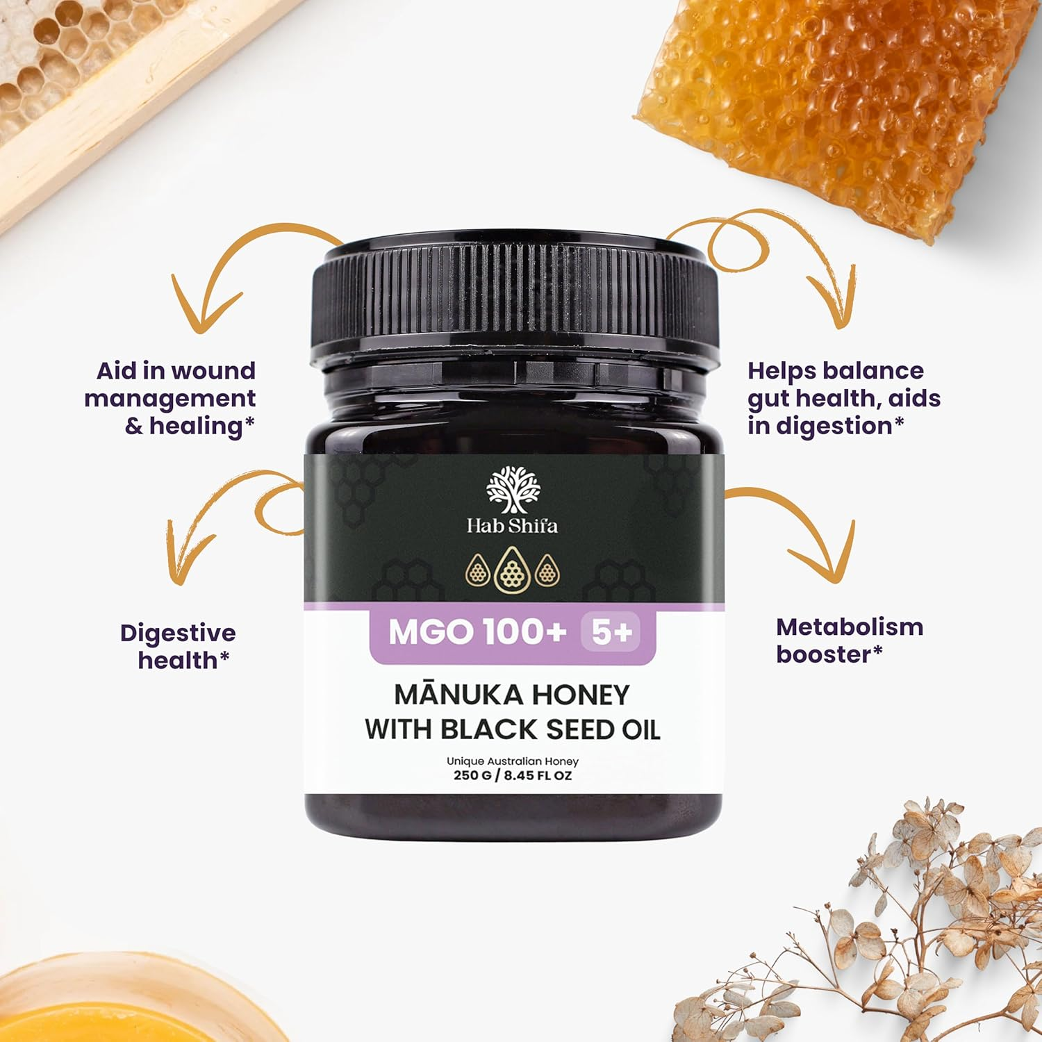 Hab Shifa Manuka Honey MGO100+ with Black Seed Oil 250G | Australian Honey for Immune & Digestive Support | Natural Soothing Relief & Antioxidant Superfood image number 5
