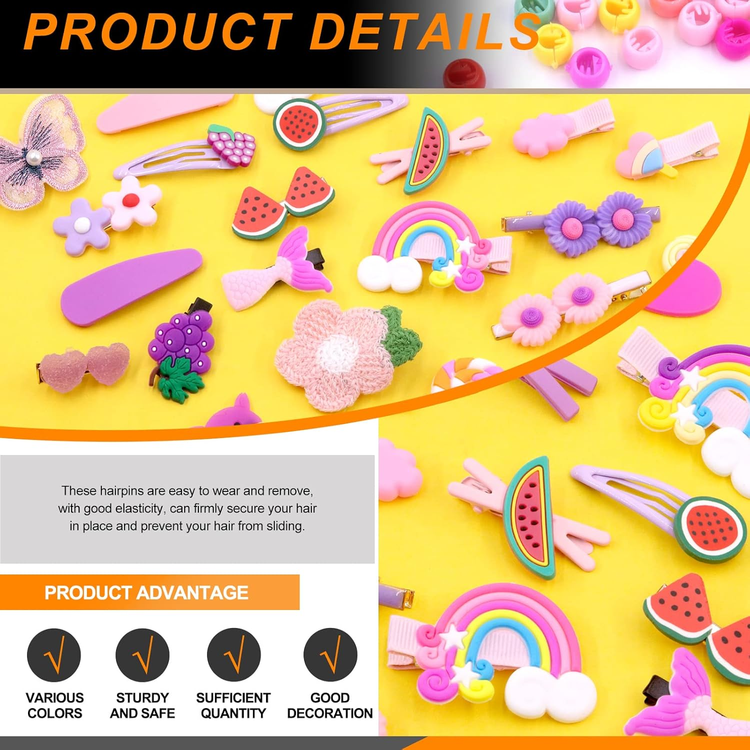 Rustark 68Pcs Baby Girls Hair Clips Cute Hair Barrettes Accessories with 260Pcs Rubber Bands Set Colourful Lovely Rainbows Fruits Dessert Flowers Butterfly Assorted Hair Clips for Girls Toddlers Kids Hair Accessories