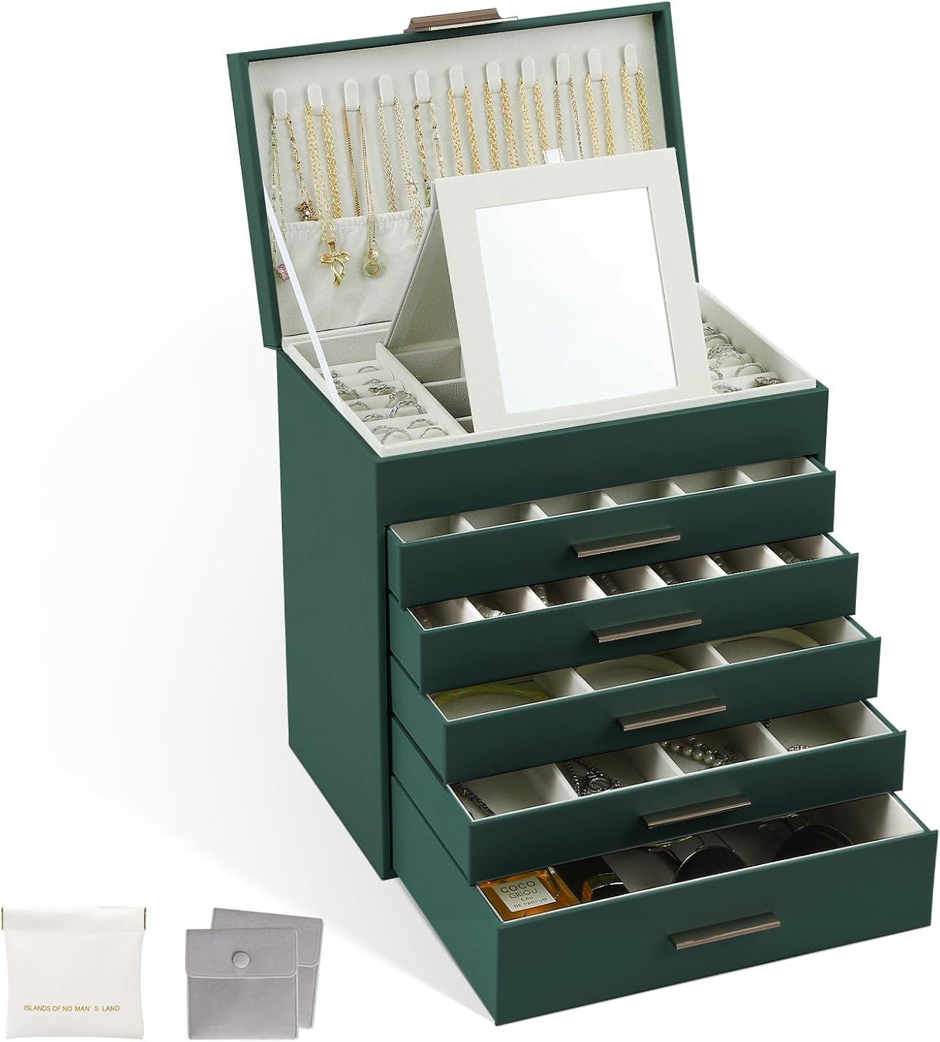 LIAN Large Jewelry Box Organizer 4 Layer Jewelry Holder Organizer with Mirror Leather Jewelry Case for Necklace Earrings Bracelet Storage for Women Girls(4 Layer White)