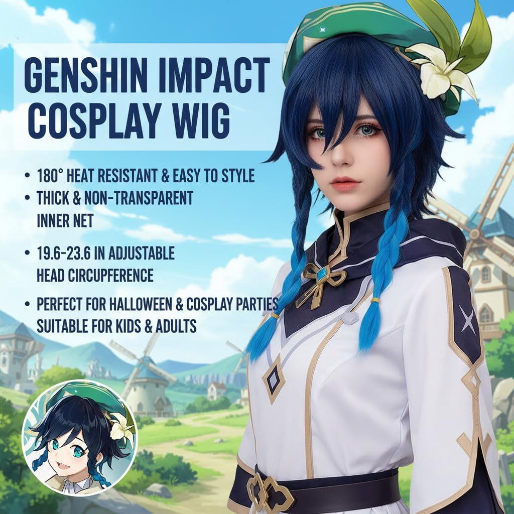 Heat Resistant Synthetic Wig with Braids Ponytails Bangs + Cap, Dark Blue Cosplay Wig for Halloween, Soft & Natural Look - Ruibex image number 3