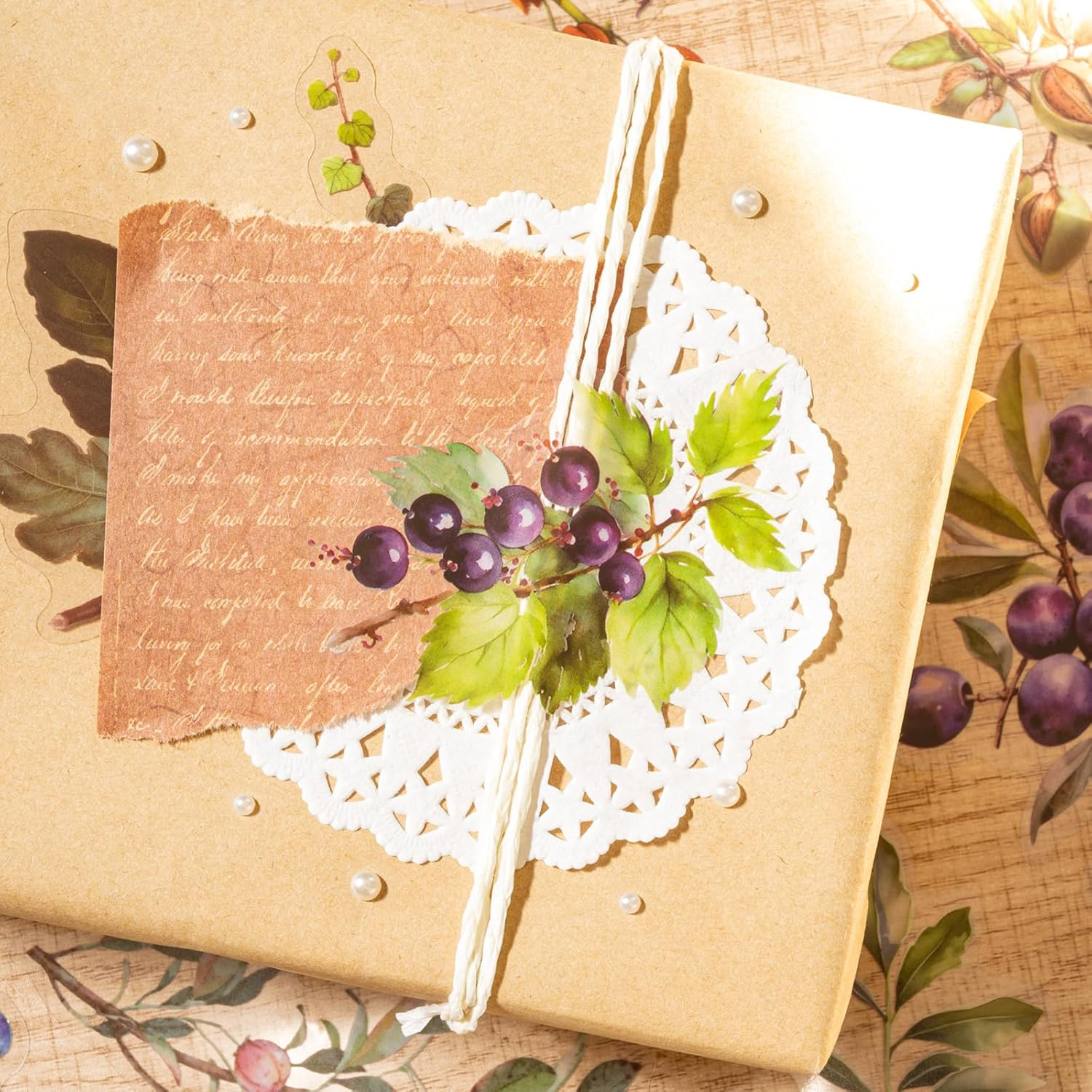 Mayplous Fruit Scrapbook Sticker Decal Set, Plastic PET, DIY Journaling, Lemon, Pineapple, Grape, Orange, 60 Pieces, Sticky Pearl, Circle Doily Paper, Beige Paper String image number 5