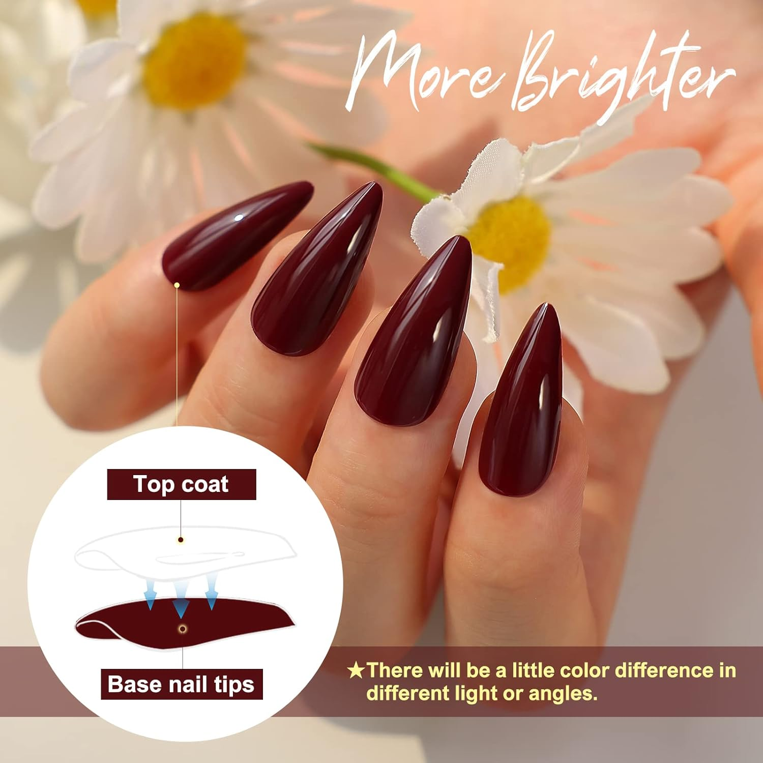 Morily 24Pcs Wine Red Press on Nails Medium Length Stiletto False Nails Long Fake Nails Glossy Acrylic Stick on Nails Solid Color Almond Full Cover Artificial Nails for Women (Wine Red) - Black,Silver image number 7