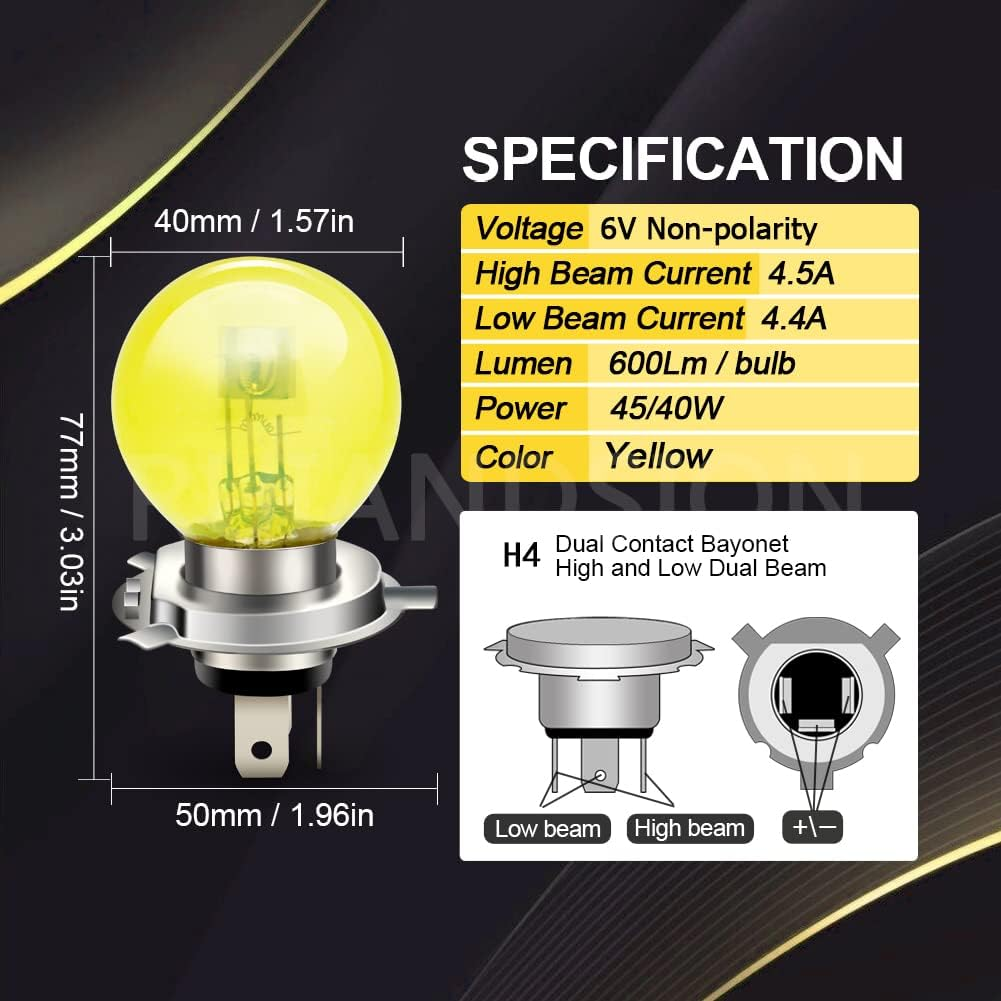 Ruiandsion P43T H4 Halogen Bulb 6V Headlight 45/40W 6 Volt Yellow Car Motorcycle Headlamp