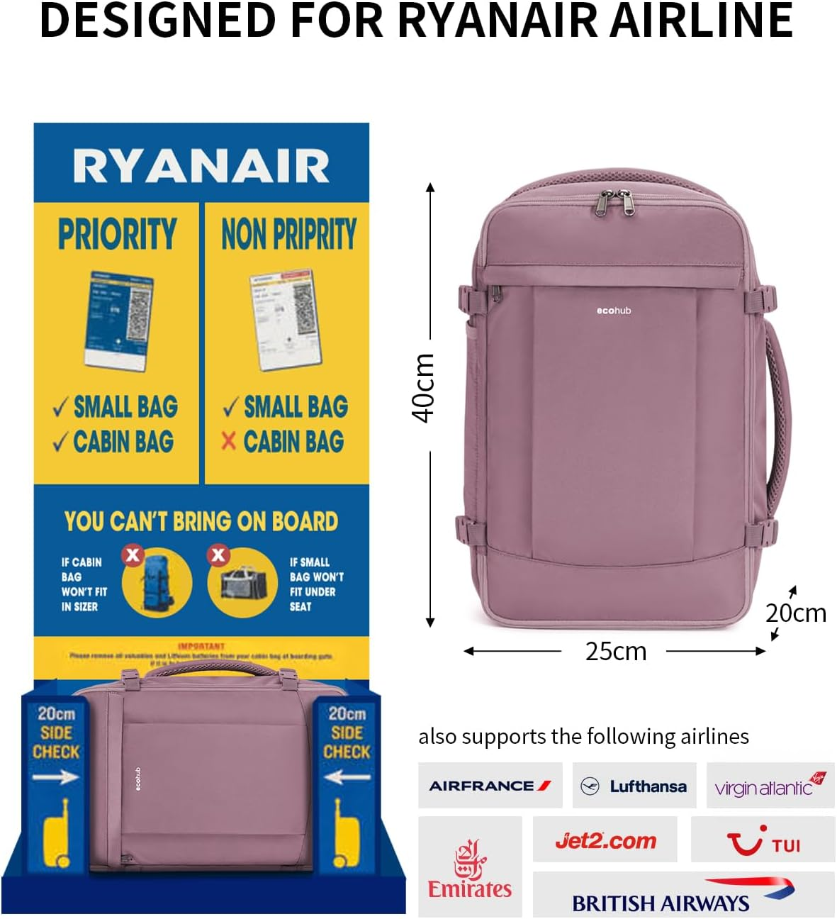 Ryanair Cabin Bag 40X20X25 Underseat Travel Bag 13 Pockets Hand Luggage Backpack Recycled PET Eco Friendly Rucksack for Women & Men Carry on Bag with USB Port, 20L - Black image number 2