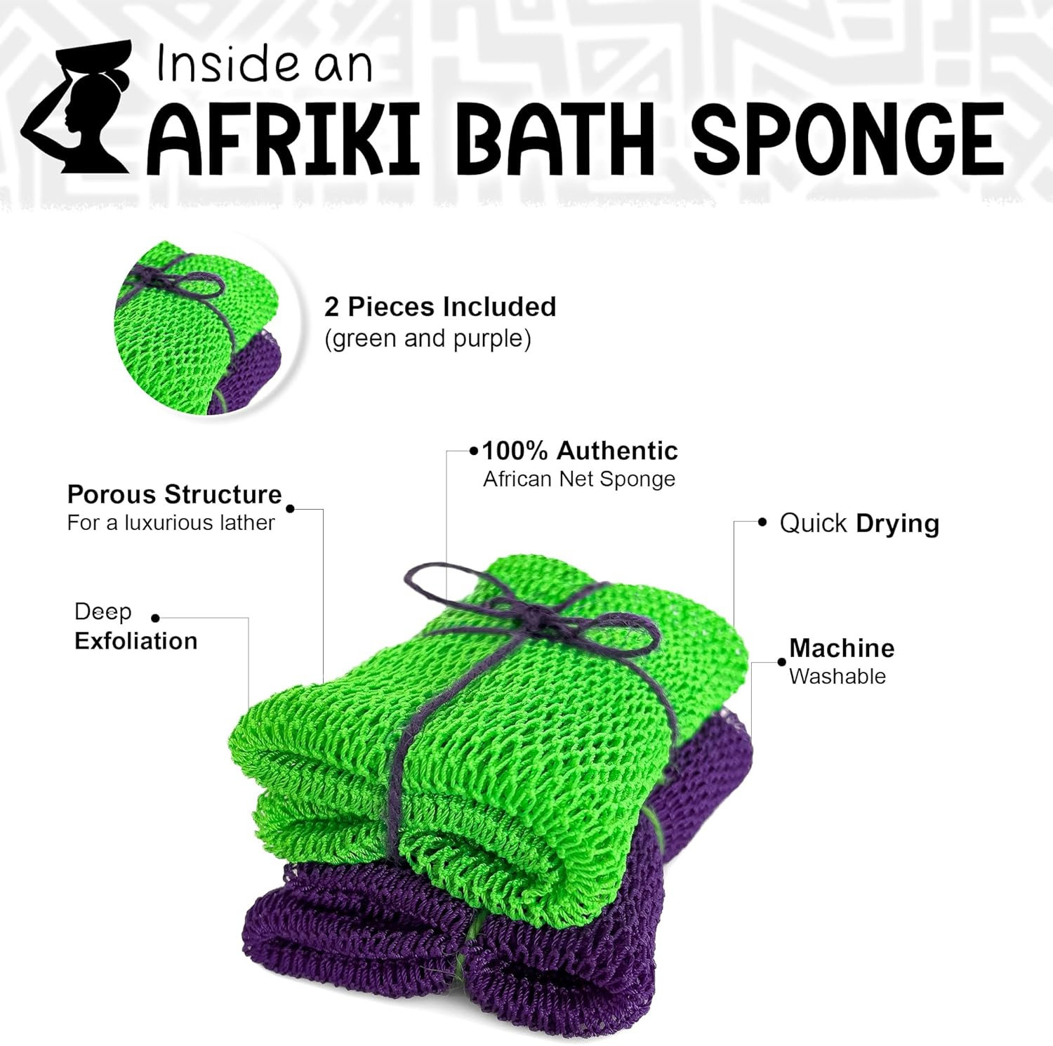 AFRIKI African Net Sponge, African Exfoliating Sponge, Black Owned, Exfoliating Washcloth, Body Exfoliator for Bath and Shower, Back Scrubber, Dead Skin Remover (Green, Purple, 1 Count (Pack of 2)) image number 1
