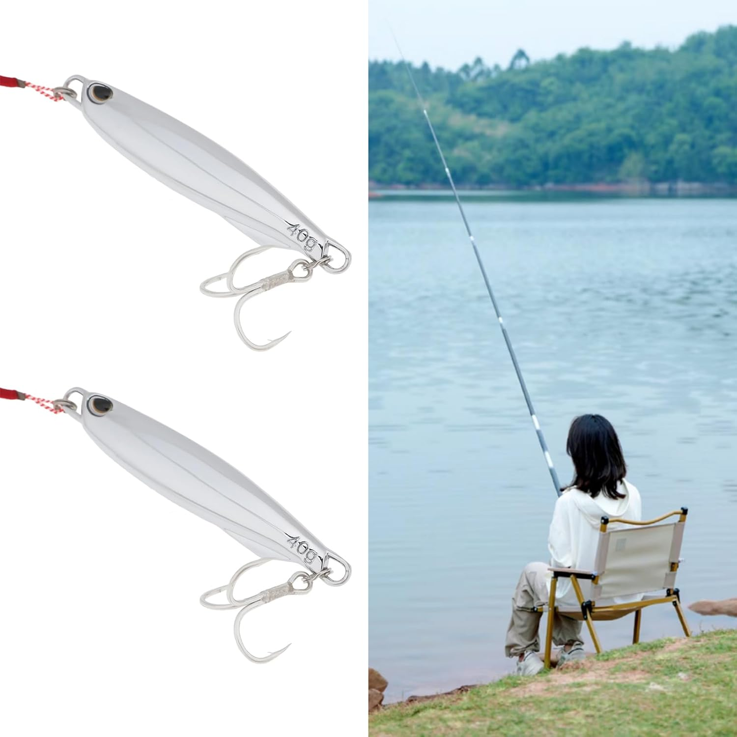 YINETTECH 2Pcs 40G Fishing Lure Metal Casting Jig with Trebles Hooks Metal Fishing Lure for Mackerel Cod Bass Sea Freshwater Fishing Chrome image number 1