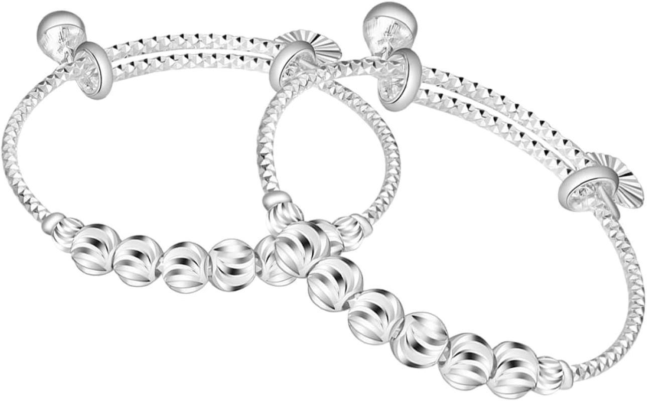 Garneck 2Pcs Silver Bangles for Girls Adjustable Infant Bracelets Bells Toddler Jewelry for Newborns Cute Baby Accessories image number 2