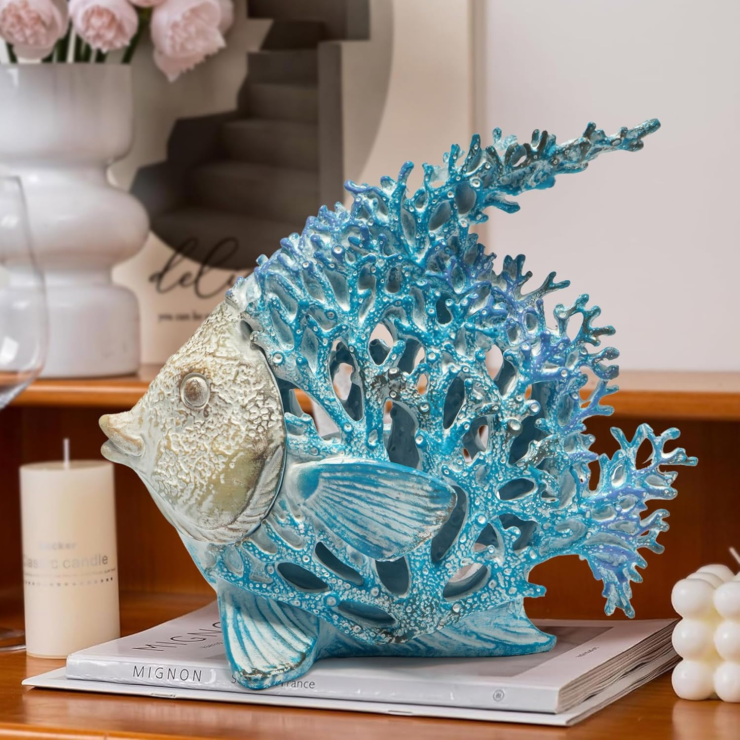 Hodao Sea Coral Fish Figurines Decoration Summer Beach Coastal Decor Coral Reef Angelfish Home Office Desk Decor Statues for Tabletop Shelf Bathroom Decoration Ornament Gifts for Mom (Blue) - Blue image number 3