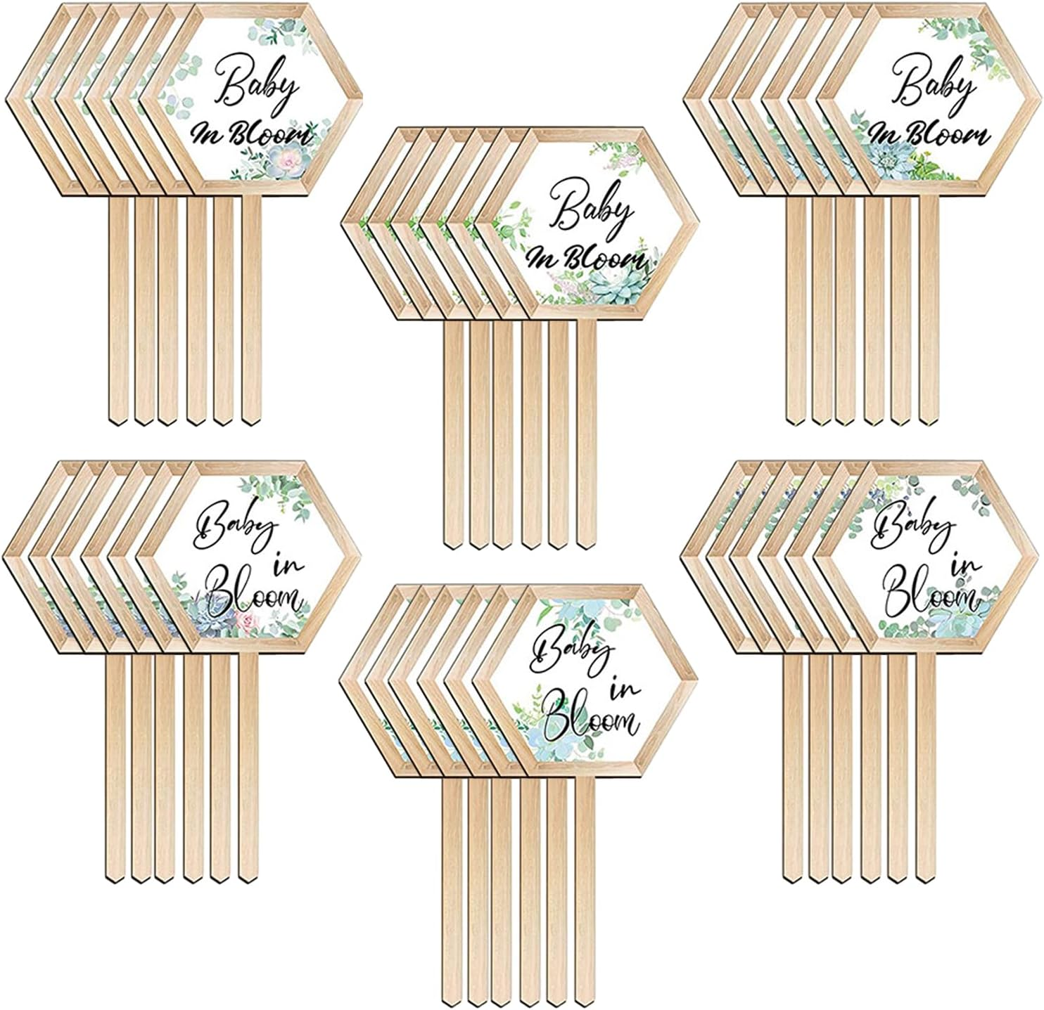 Baby in Bloom Succulent Tags, Wooden Plant Stakes Label Hexagon Plant Markers Plant Signs Succulents Labels for Baby Shower Succulents Potted Plants(48 Pcs) image number 3
