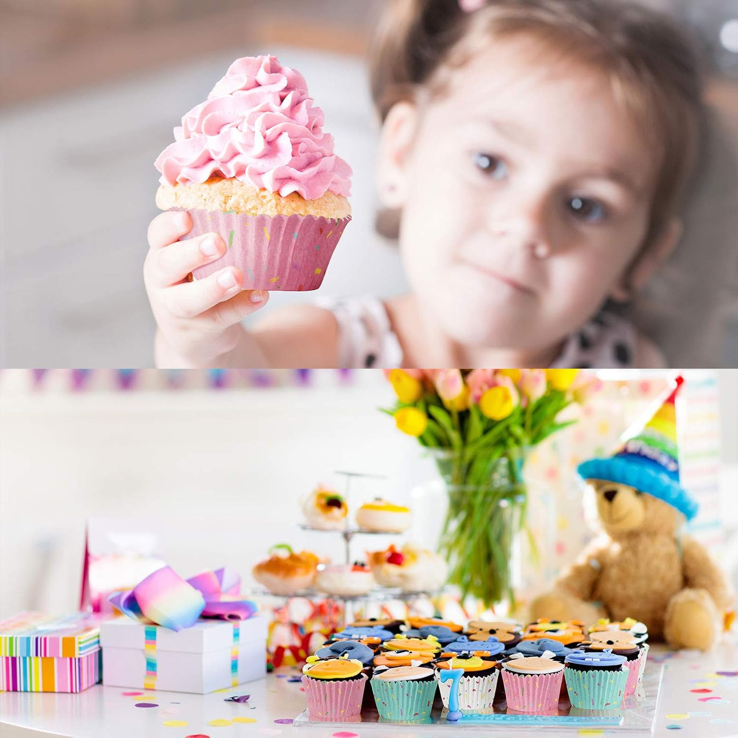 600 Pieces Cupcake Liners Colorful Paper Baking Cups Cupcake Wrappers Wraps Muffin Case Trays for Christmas Candyland Donut Party Decorations(White, Blue and Pink)