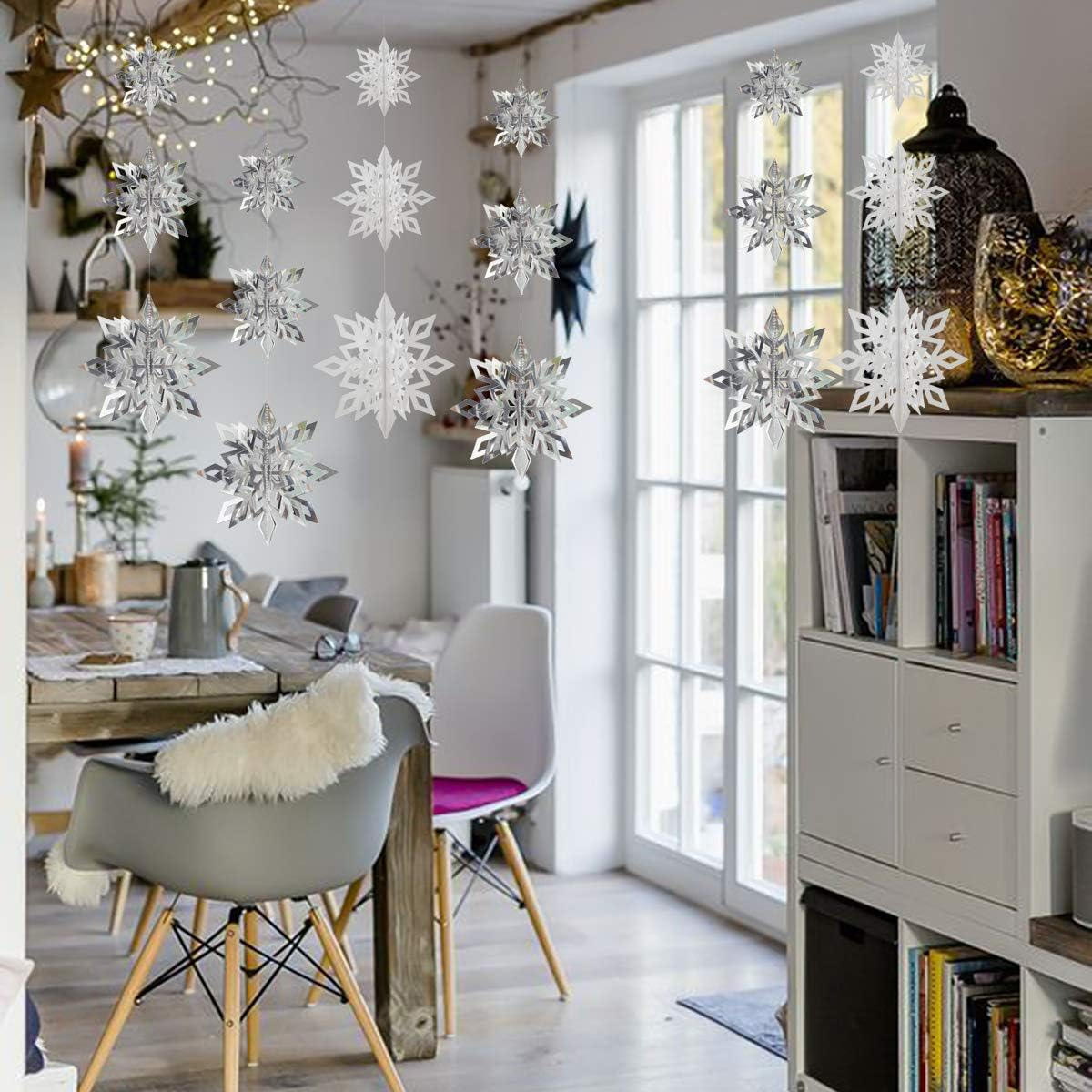 Crafare Christmas Hanging Snowflake Decorations 18PCS 3D White Silver Snowflakes Hanging Garland for Christmas Winter Wonderland Holiday New Year Party Home Decoration - Sparkle 18Pcs image number 2