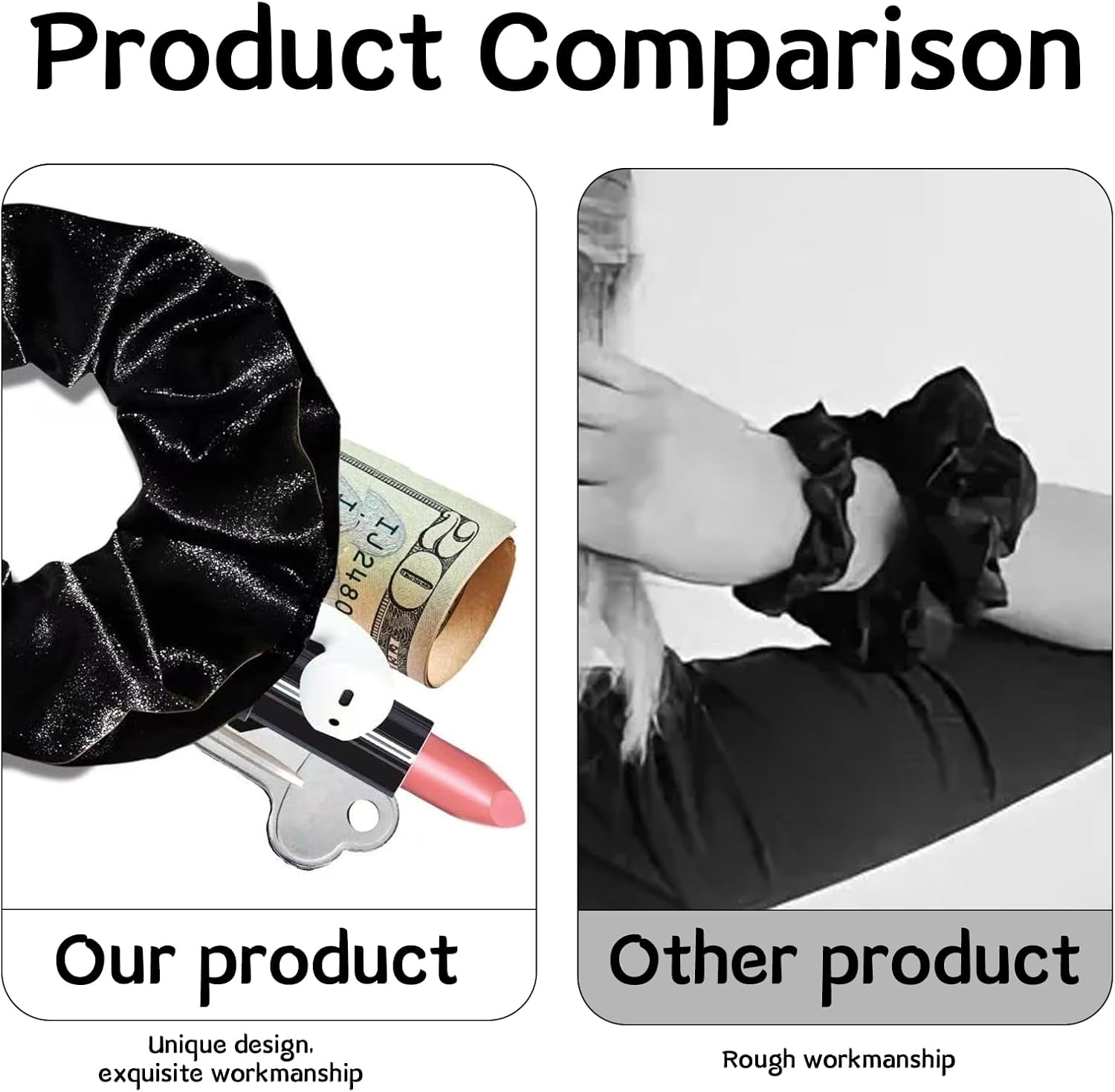 Pack of 4 Black Hair Scrunchies with Zip, Scrunchies Velvet Travel Gadgets for Women, Hair Bobbles with Money Hiding, Valuables Hiding Place, Beach, Hair Bobbles Women'S Velvet Fabric Large For image number 3