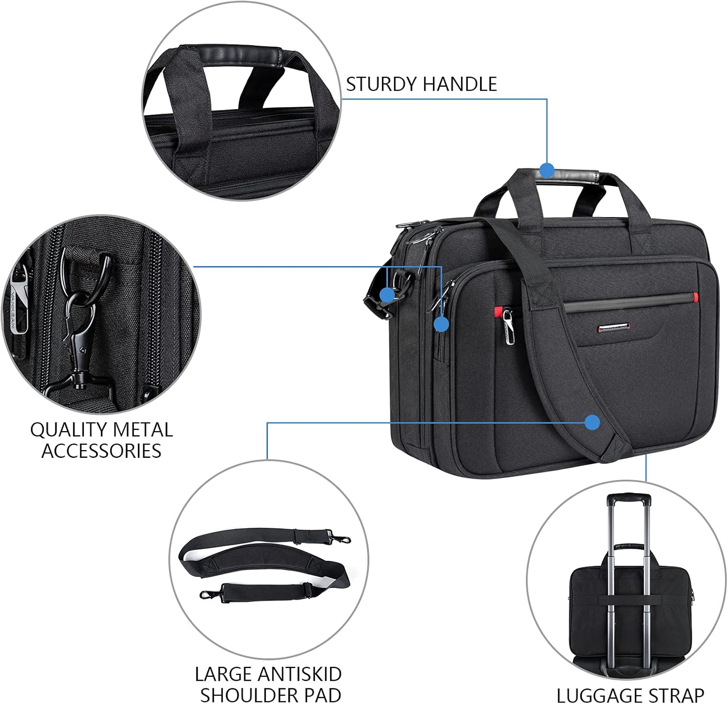 VANKEAN Laptop Bag Briefcase for Men Women, 17.3 Inch Laptop Case Expandable Waterproof & RFID Blocking Messenger Bag for Work Computer Bag for Travel/Business/School, Black