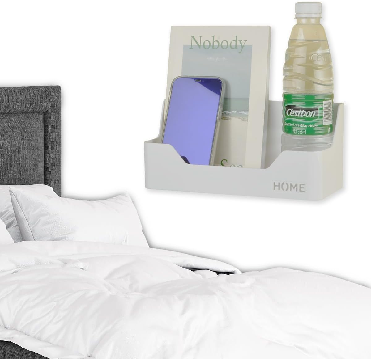 OKOMATCH Bedside Shelf - Stick on Wall Mounted Bed Room,Dorm,Office Adhesive Floating Accessories Caddy Organizer/Holder for Phone,Glasses,Remote Control,Keys,Pens - Plastic Material- White