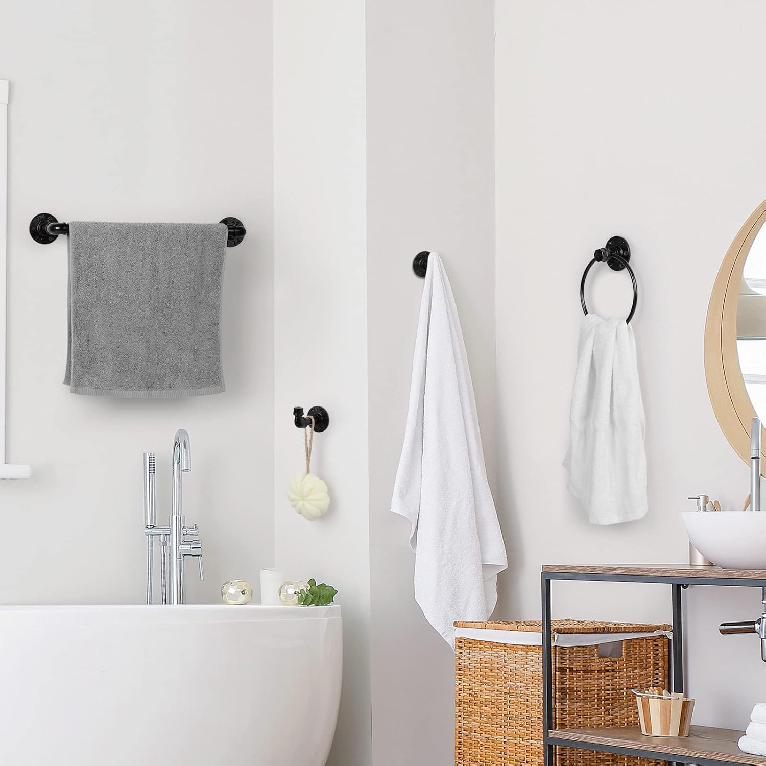 Industrial Bathroom Hardware Set 10 Pieces Bath Towel Bar Set Includes round Towel Ring Hand Toilet Roll Holders for Wall 18 and 25 Inch Towel Rack Robe Towel Hooks Black Bathroom Accessory Towel Kit image number 2