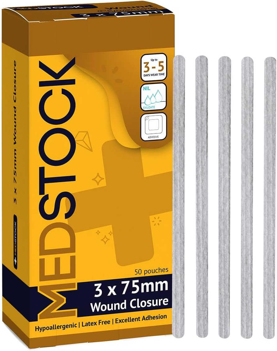 MEDSTOCK Wound Closure Strip, 3MM X 75MM, 50 Count, Wound Closure Aid, Wound Care, Medical Acrylic Adhesive, Non-Invasive, Premium Non-Woven Fabric, Scar Reduction Support, Fast Wound Healing image number 1
