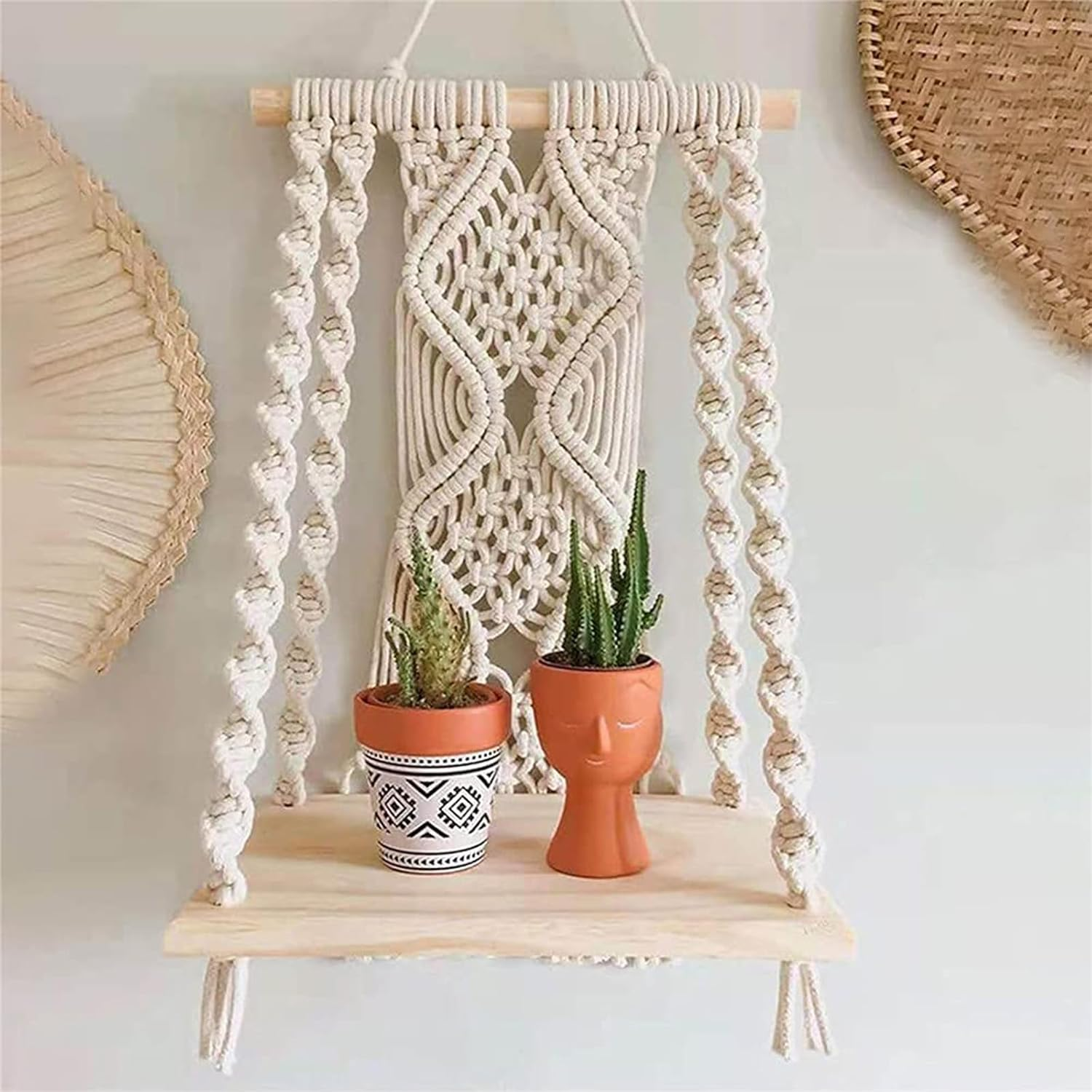 Macrame Wall Hanging Shelf, Handmade Boho Floating Wood Shelf with Decorative Rope, Indoor/Outdoor Plant Display Storage Shelf