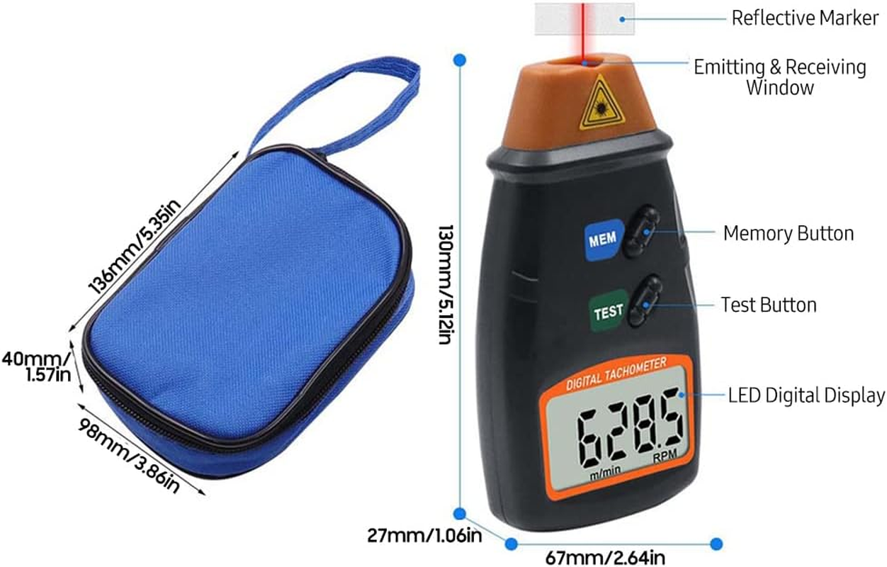 Tachometer, Eacam Handheld Digital Tachometer, 2.5-99999RPM Non-Contact Laser Rotation Speed Meter with Cloth Bag for Motors Fans Washing Machine Automobiles image number 5