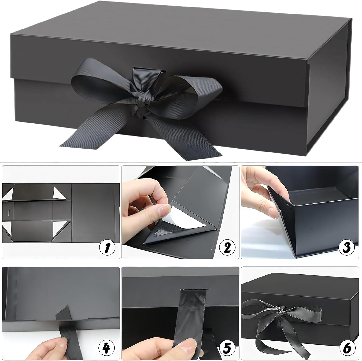 MAIHUO Black Gift Boxs, Magnetic Box with Lid, 22 X 16 X 8.8 Cm Cardstock Gifts Box,With Ribbon and Rose Card