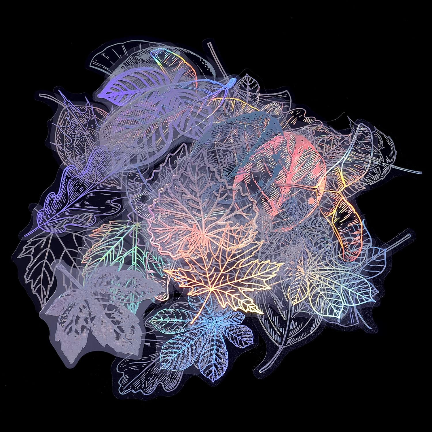 KINBOM 45Pcs Holographic PET Waterproof Glitter Resin Translucent Stickers - Transparent Adhesive for Scrapbooking, Diary, Daily Planner, Water Bottle (Leaf) image number 2