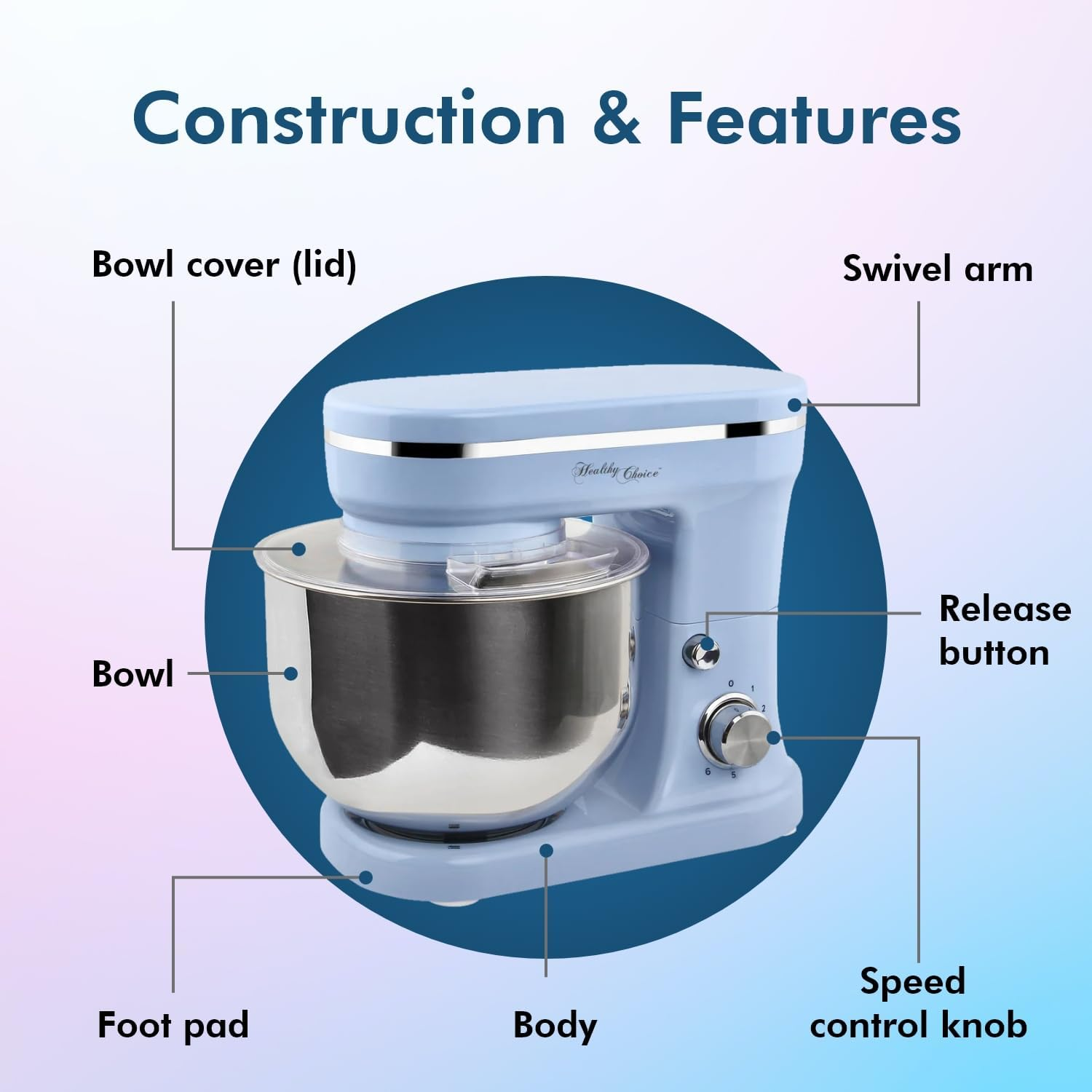 Healthy Choice 400W Stand Mixer with 5L Bowl Capacity, Powerful Kitchen Mixer for Baking, Mixing and Dough Kneading, Includes Multiple Attachments - Blue image number 5