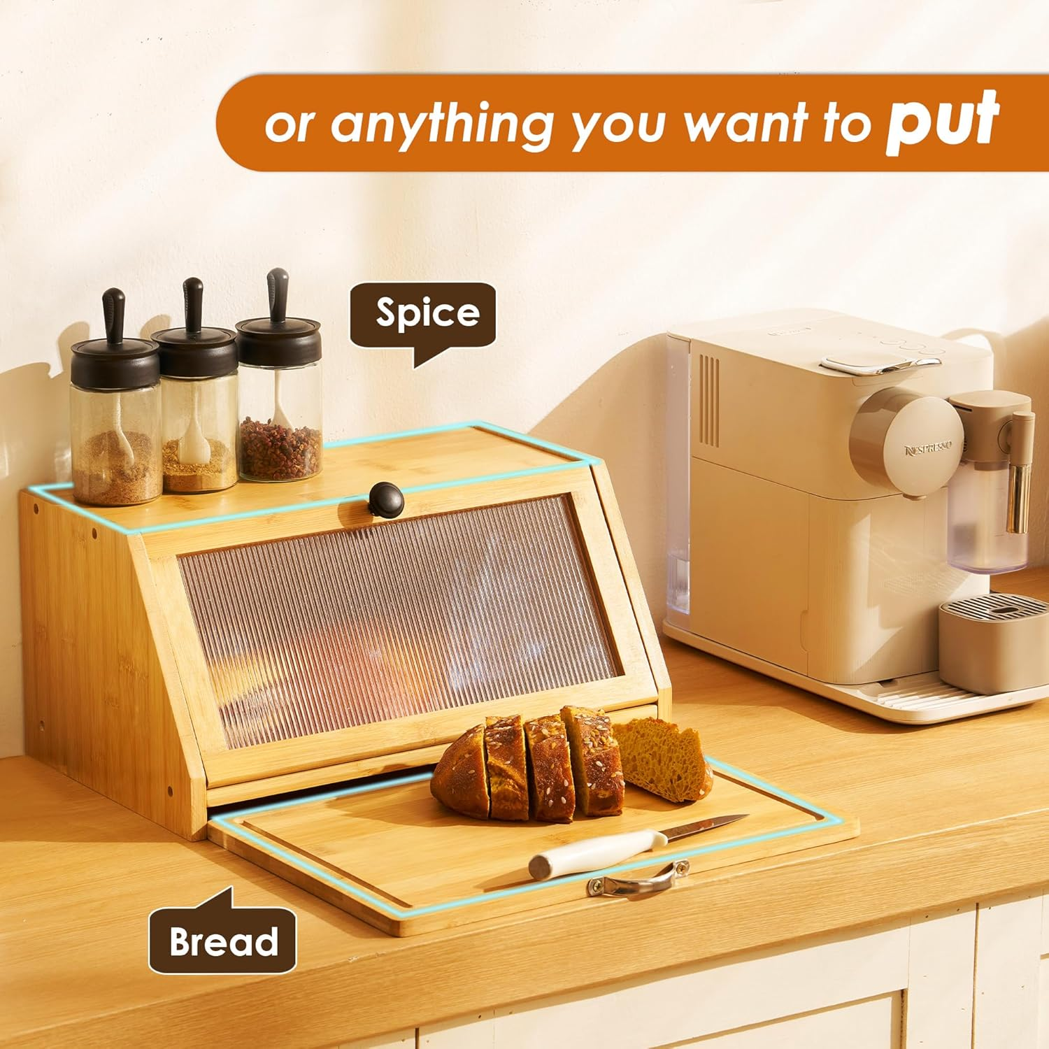 YOUDENOVA Bread Bin with Chopping Board, Bamboo Storage Box, Wooden Bread Basket Boxes Storage Bread Box for Bread, Salt and Pepper Mill, 39 X 25 X 20 Cm (L X W X H), Natural image number 2