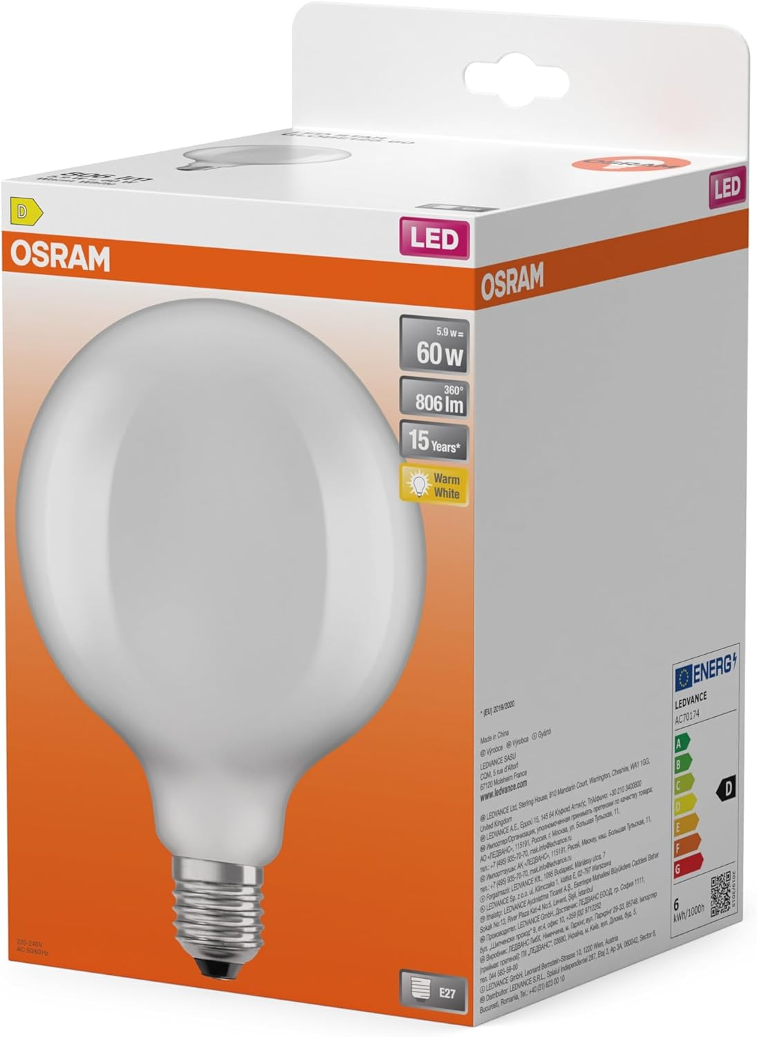 OSRAM LED Retrofit Classic Globe125 5.9 W 827 Frosted E27
