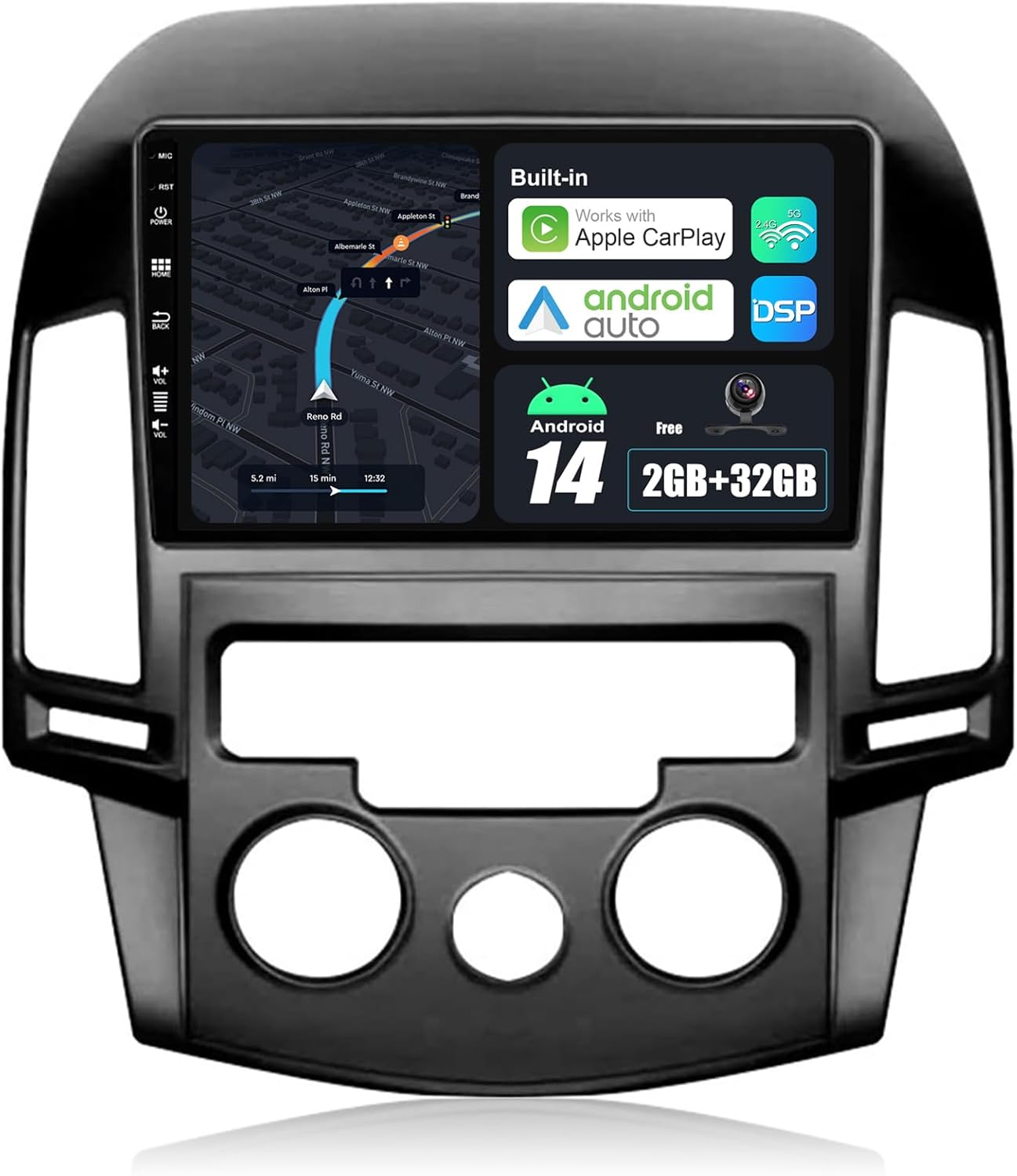 Android 14 IPS Car Stereo for Hyundai I30 (2006-2011) - 2G+32G - Wireless Carplay/Android Auto - Rear Camera Free - 9 Inch 2 Din - DAB Steering Wheel Fast-Boot DSP Bluetooth Wifi image number 1