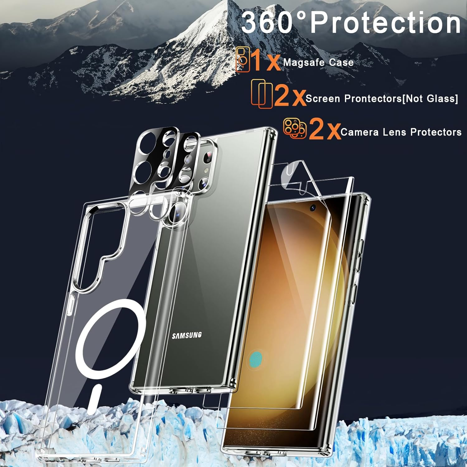 5In1 Magnetic Clear Case for Samsung Galaxy S23 Ultra, Compatible with Magsafe, Shockproof Protective Clear Hard TPU Phone Cover, 2 Pcs Camera Lens Protector & 2 Pcs Soft Screen Protector Transparent image number 2