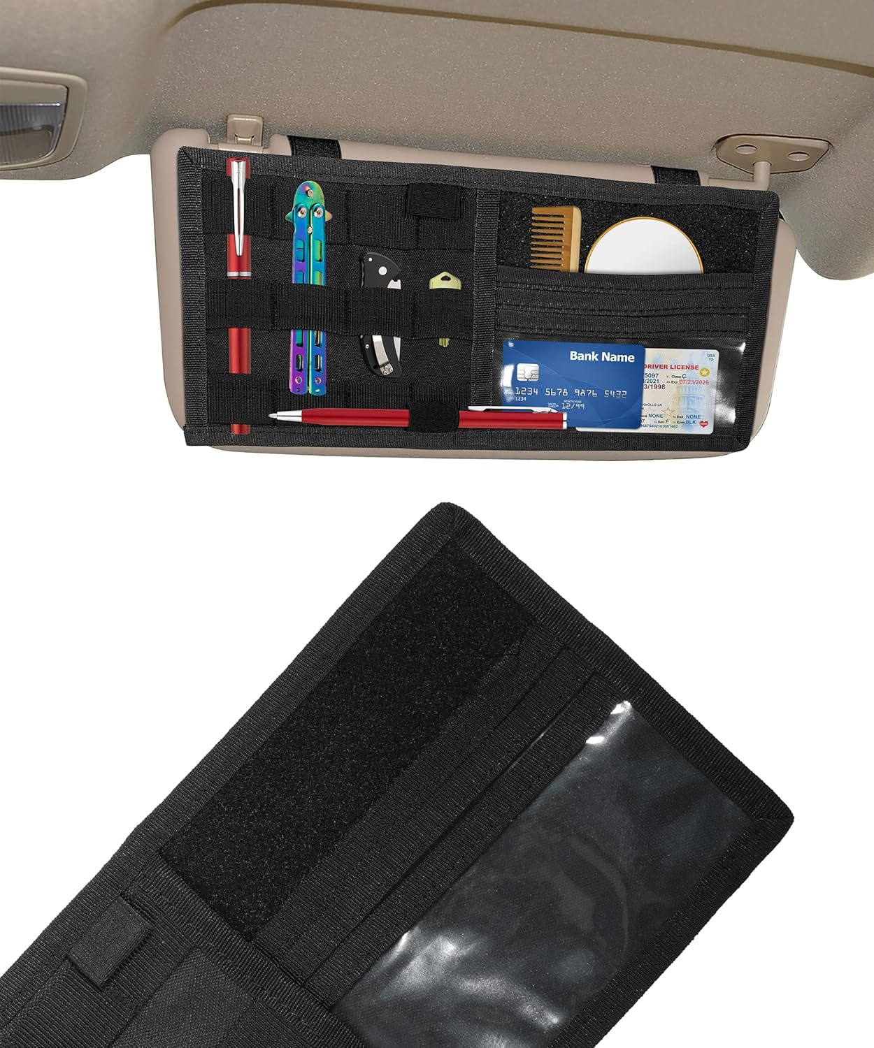 YAKEFLY Car Organizer, Visor Panel with Molle Elastic Straps, Vehicle Sun Visor Holder, Black - Beige image number 2