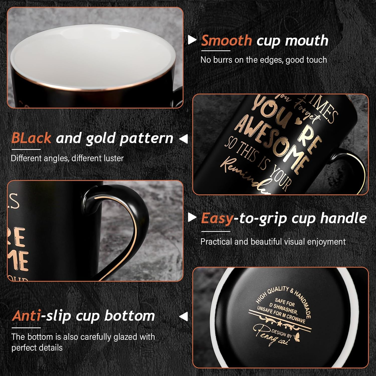 Birthday Thank You Gifts for Men, Sometimes You Forget You'Re Awesome - 14Oz Unique Black Ceramic Inspirational Coffee Mug with Gold Print, Presents for Friends Husband Employee Coworker, Gift Boxed image number 4