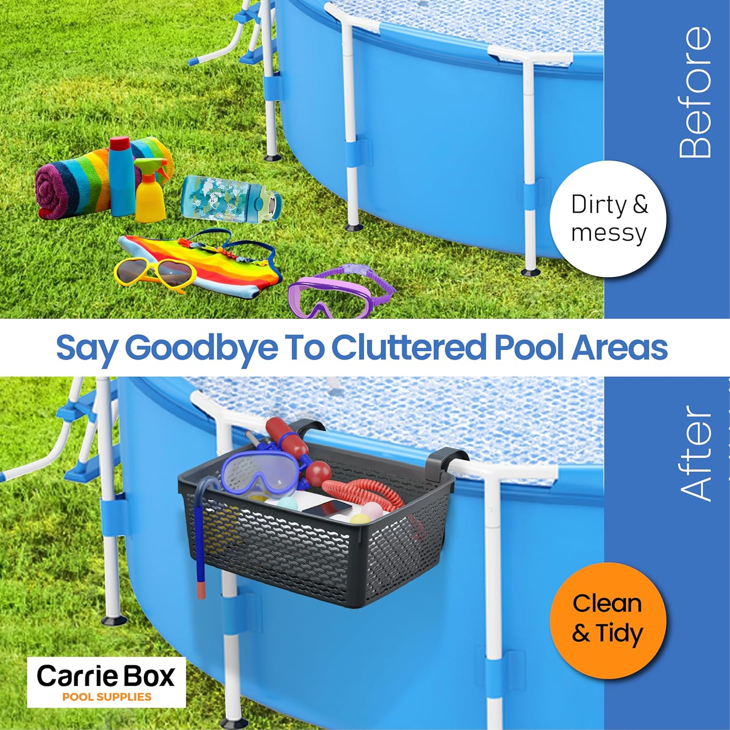Carrie Box Poolside Storage Basket, Recycled Plastic, Pool Cup Holder, above Ground Accessories, for Most Frame Pools, Europe Made, Fits 2.3 Inch or Less Top Bar Charcoal - Blue image number 5