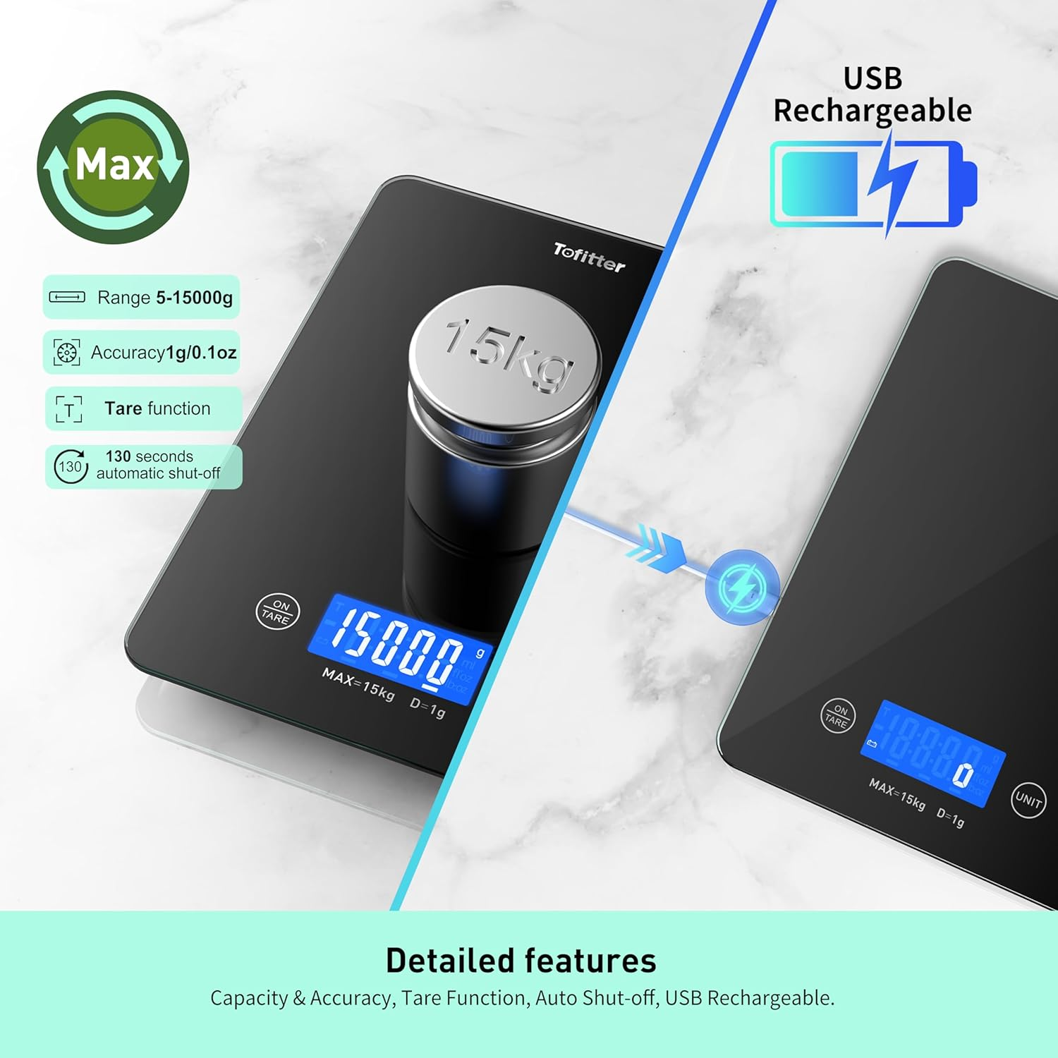 Food Scale.Kitchen Scale,15Kg/33Lb Large Capacity, High Accuracy1G/0.1Oz, USB Rechargeable, Tare Function, Auto-Off, 6 Units, Waterproof, Easy-Clean Glass Platform for Cooking, Baking, Coffee image number 1