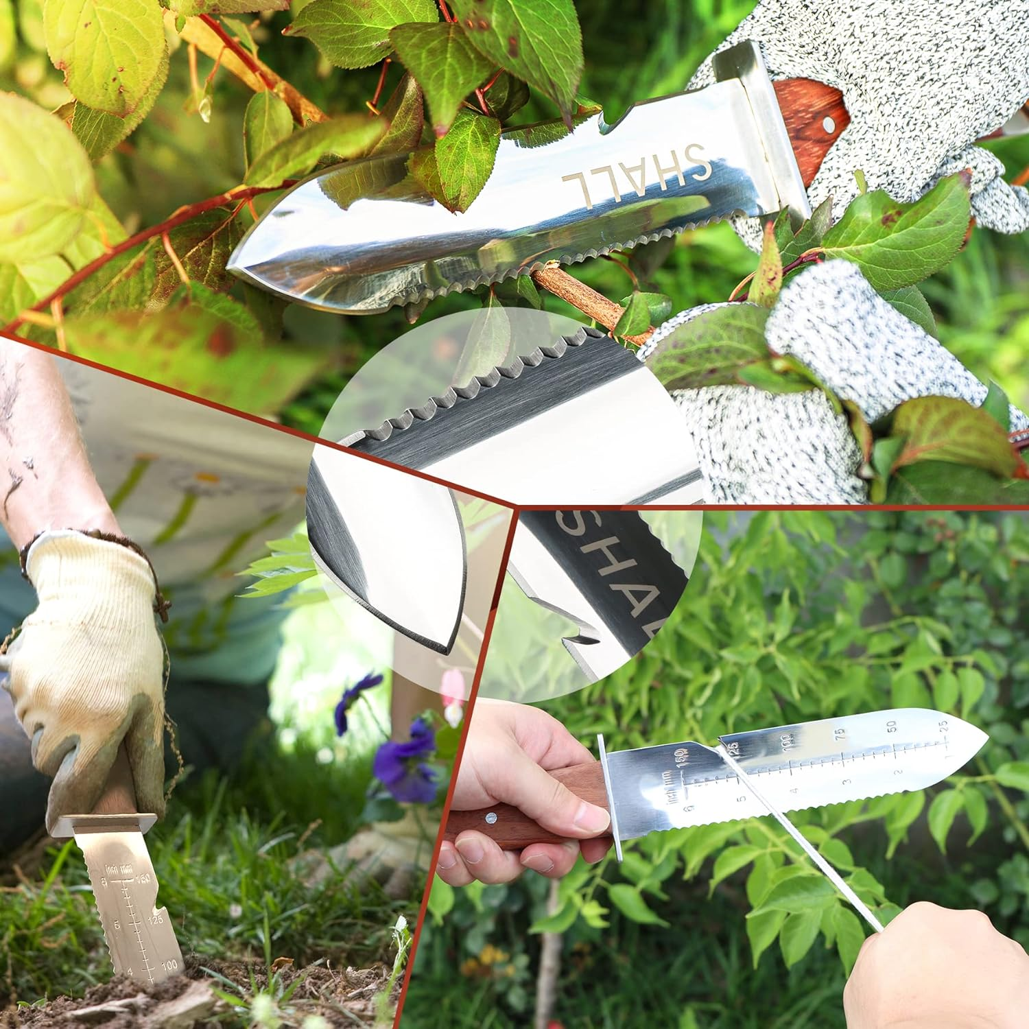 SHALL Hori Hori Garden Knife, Gardening Knife with Leather Sheath, Rosewood Handle & Hide Rope, 7&rdquo; Stainless Steel Blade, Rope Cutting Edge, for Digging, Weeding, Planting, Full-Tang image number 1