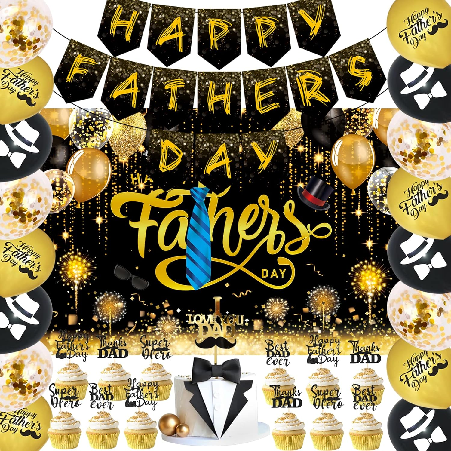 Fathers Day Decorations Kit, Black and Gold &ldquo;HAPPY FATHER'S DAY &rdquo;Banner，Cake Topper, Glitter Black Backdrop for Dad'S Party Decor image number 5